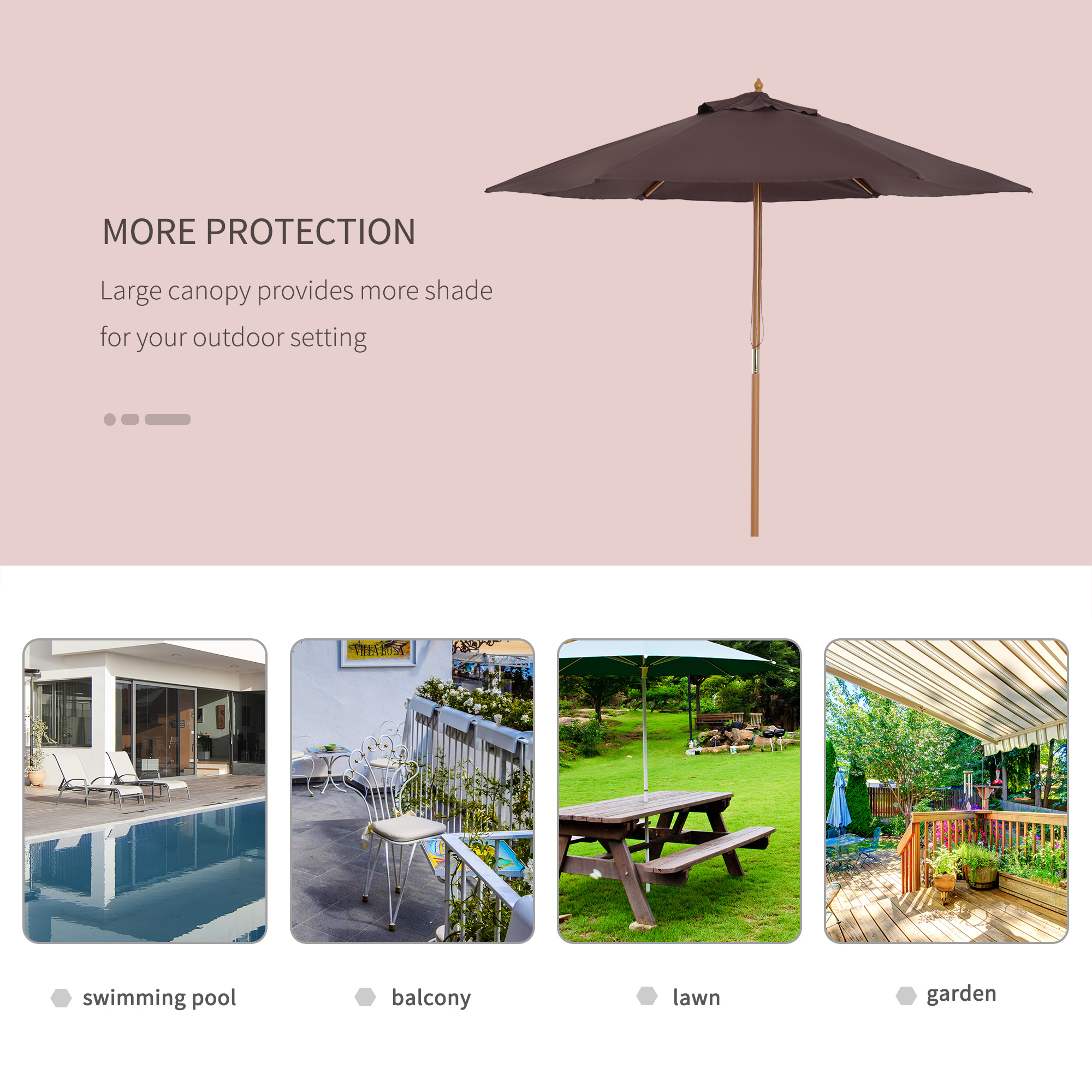 Outsunny 2.5m Wood Garden Parasol Sun Shade Patio Outdoor Wooden Umbrella Canopy Coffee 6