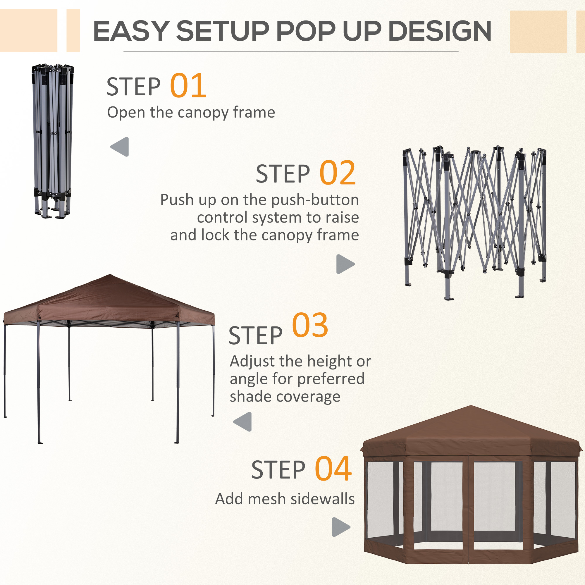 Outsunny 3.5m x 4m Hexagonal Pop Up Gazebo, Canopy Tent Sun Shelter for Patio Outdoor Party, Height Adjustable, with Mosquito Netting and Carry Bag Brown 5