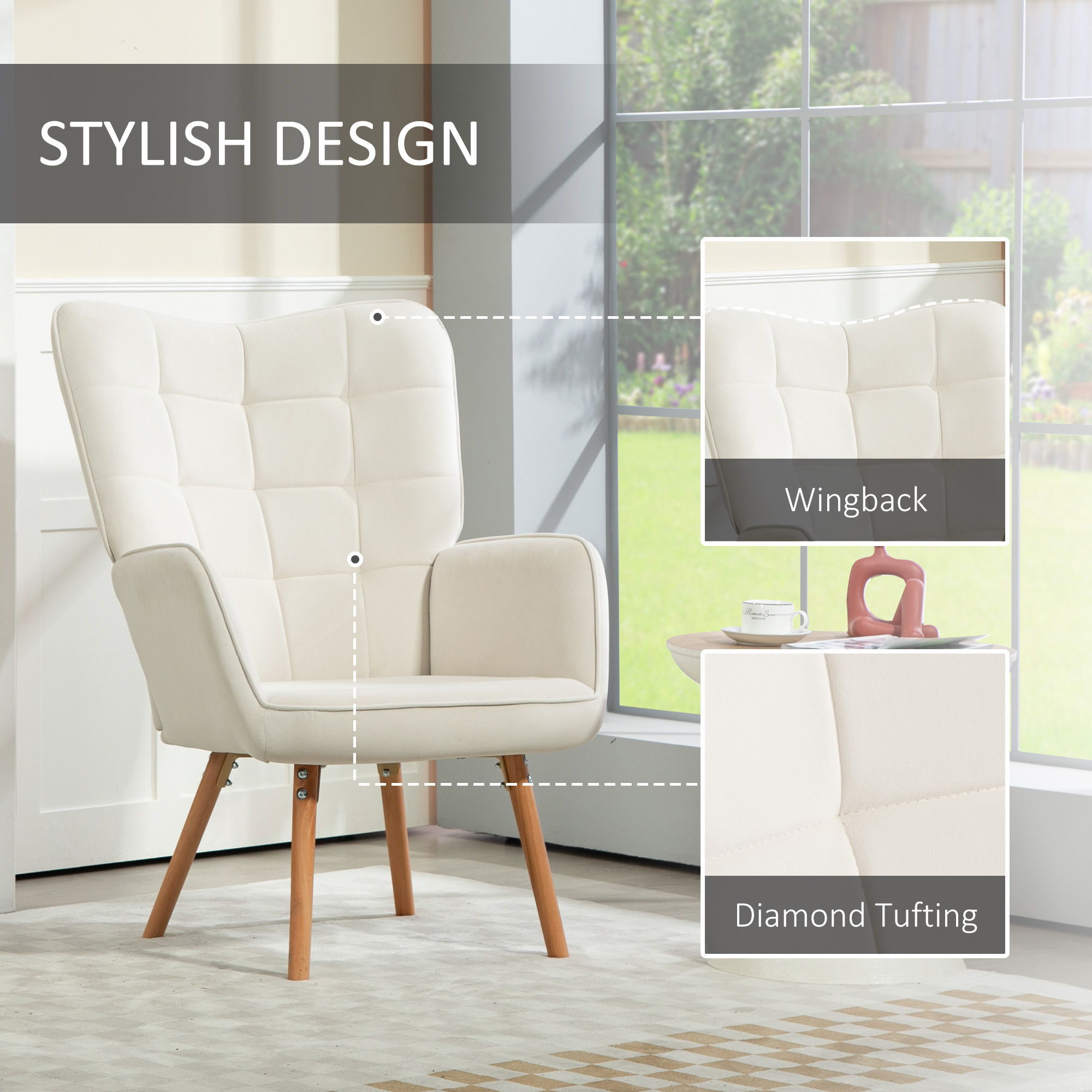 HOMCOM Modern Accent Chair, Upholstered Tufted Wingback Armchair with Seat Padding, Velvet Leisure Lounge Bedroom Chair with Wood Legs, Cream White 5