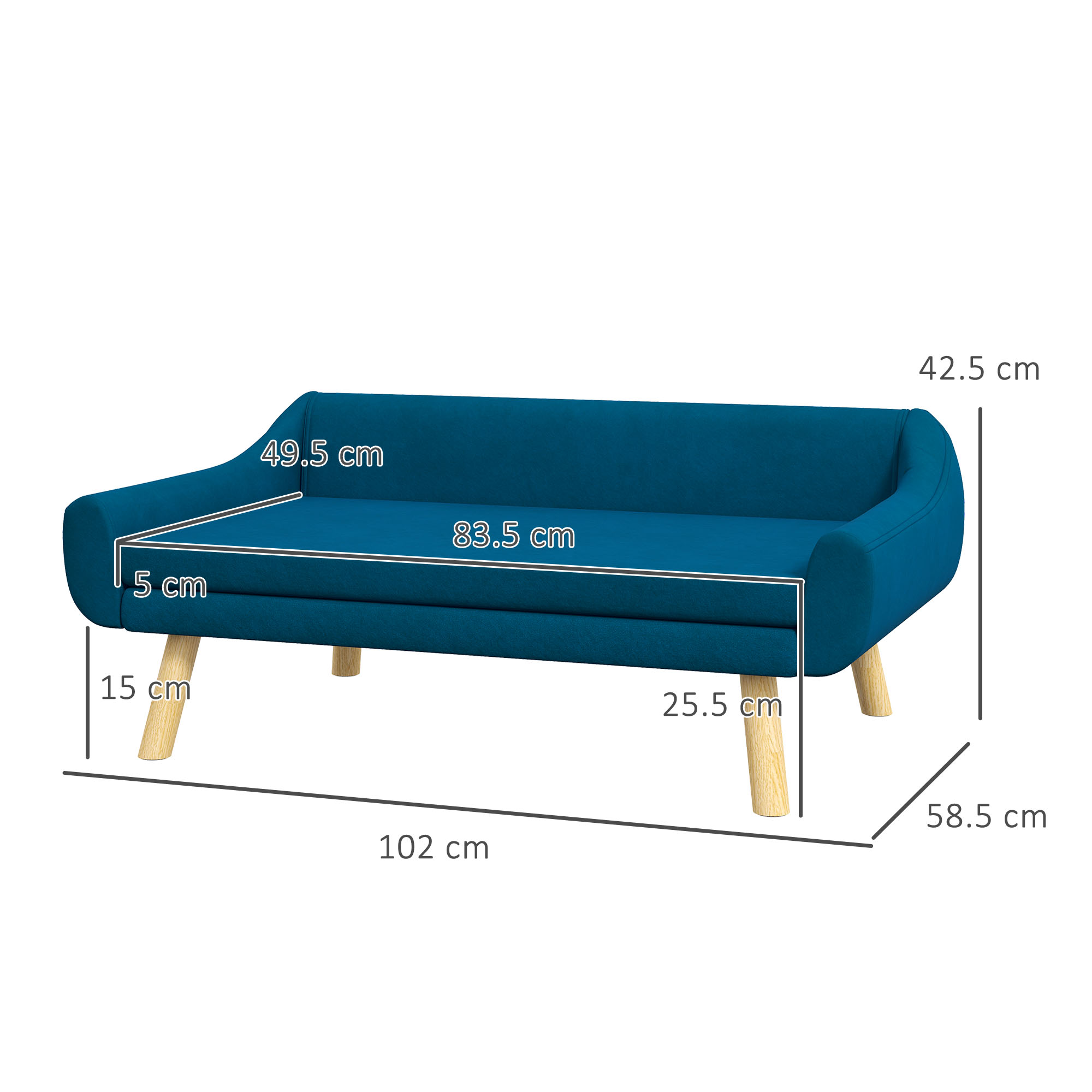 PawHut Dog Couch with Soft Cushion, Pet Sofa Bed with Wooden Frame, Removable Cover, for Medium and Large Dogs, Blue 3