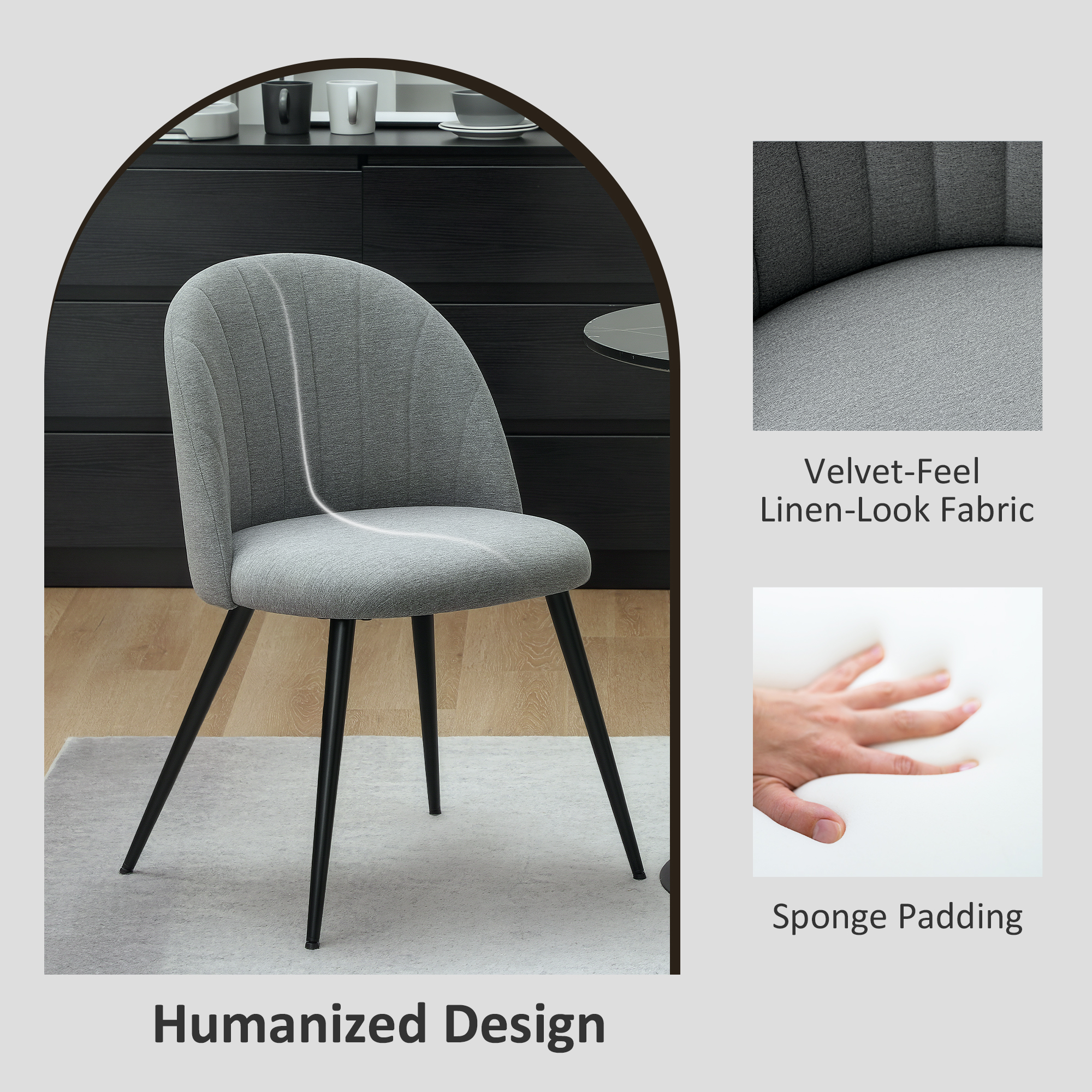 HOMCOM Dining Chairs Set of 2, Modern Upholstered Kitchen Chairs with Metal Legs, Shell Backrest and Padded Seat for Dining Room, Bedroom, Living Room, Vanity, Grey 5