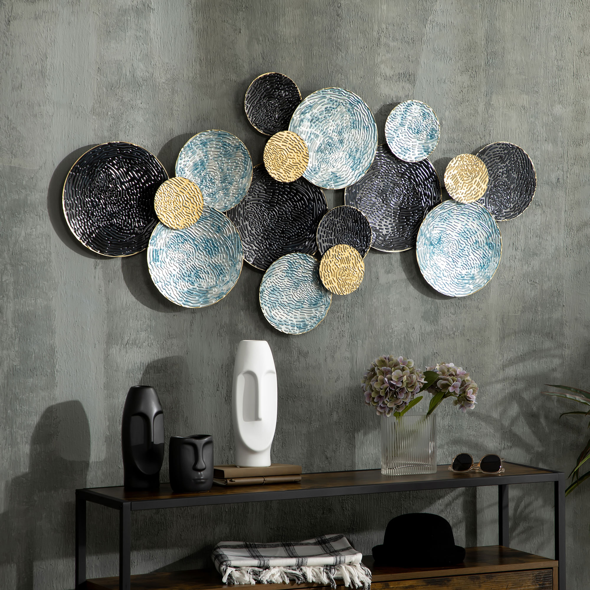 HOMCOM 3D Metal Wall Art Modern Circle Hanging Wall Sculptures Home Decor for Living Room Bedroom Dining Room, Blue Black Gold 2