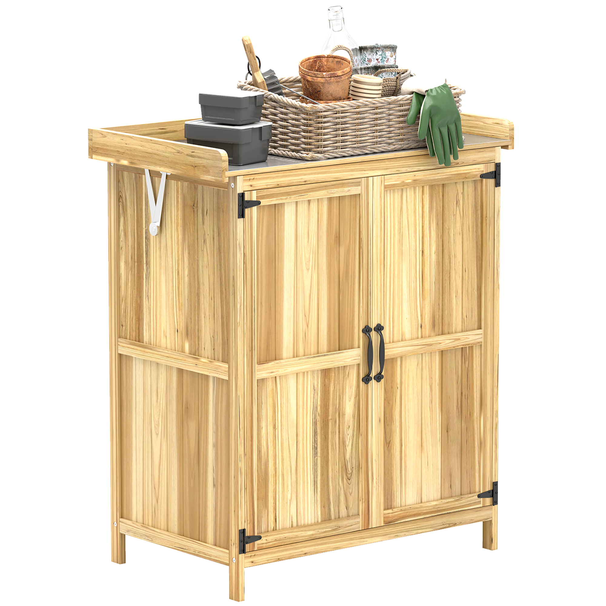 Outsunny Tuinkast, Opbergkast Voor De Tuin, Met Dienblad Van Verzinkt Metaal Plank Dubbele Deur Handvat Verhoogde Poten Massief Hout 80 X 45 92 Cm Natuurlijk Hout 1876252126