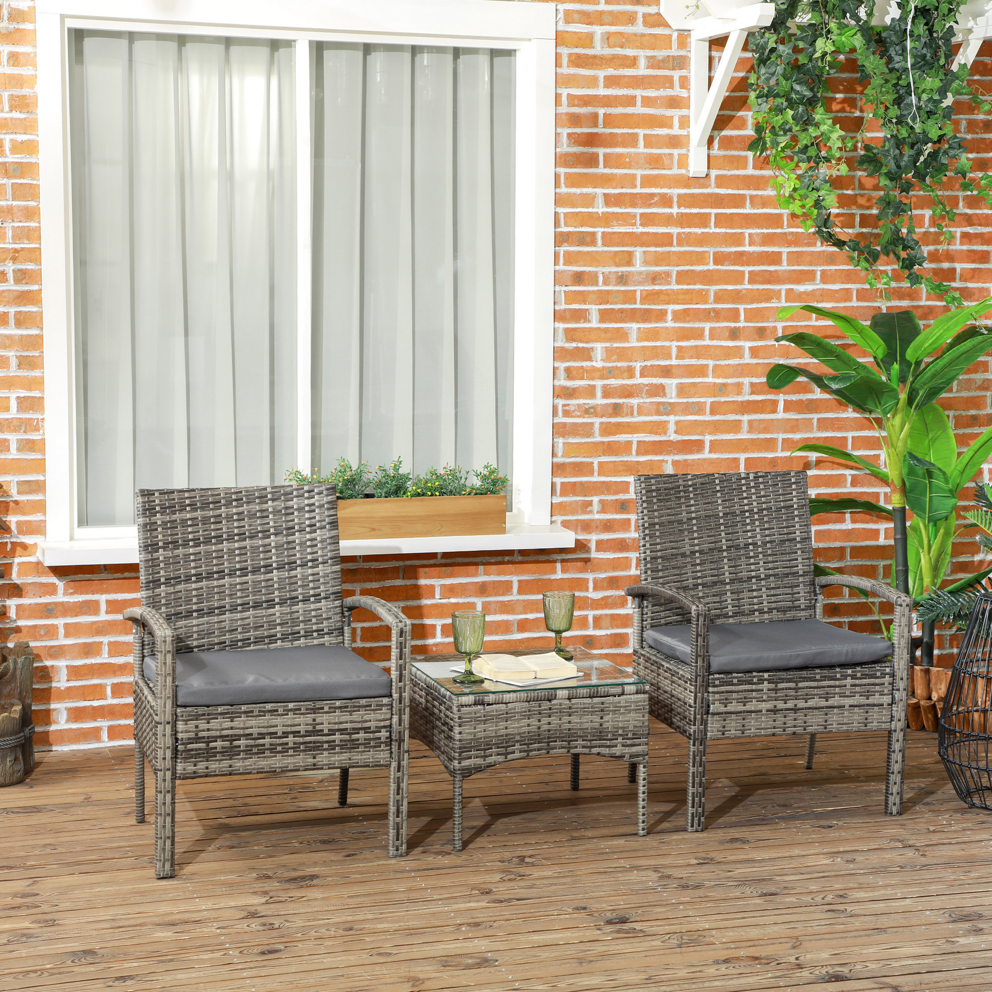 Outsunny 3 Pieces Rattan Bistro Set, Wicker Garden Furniture Set with Glass Top Coffee Table and Chairs, Washable Cushions for Outdoor, Patio, Balcony, Mixed Grey 2