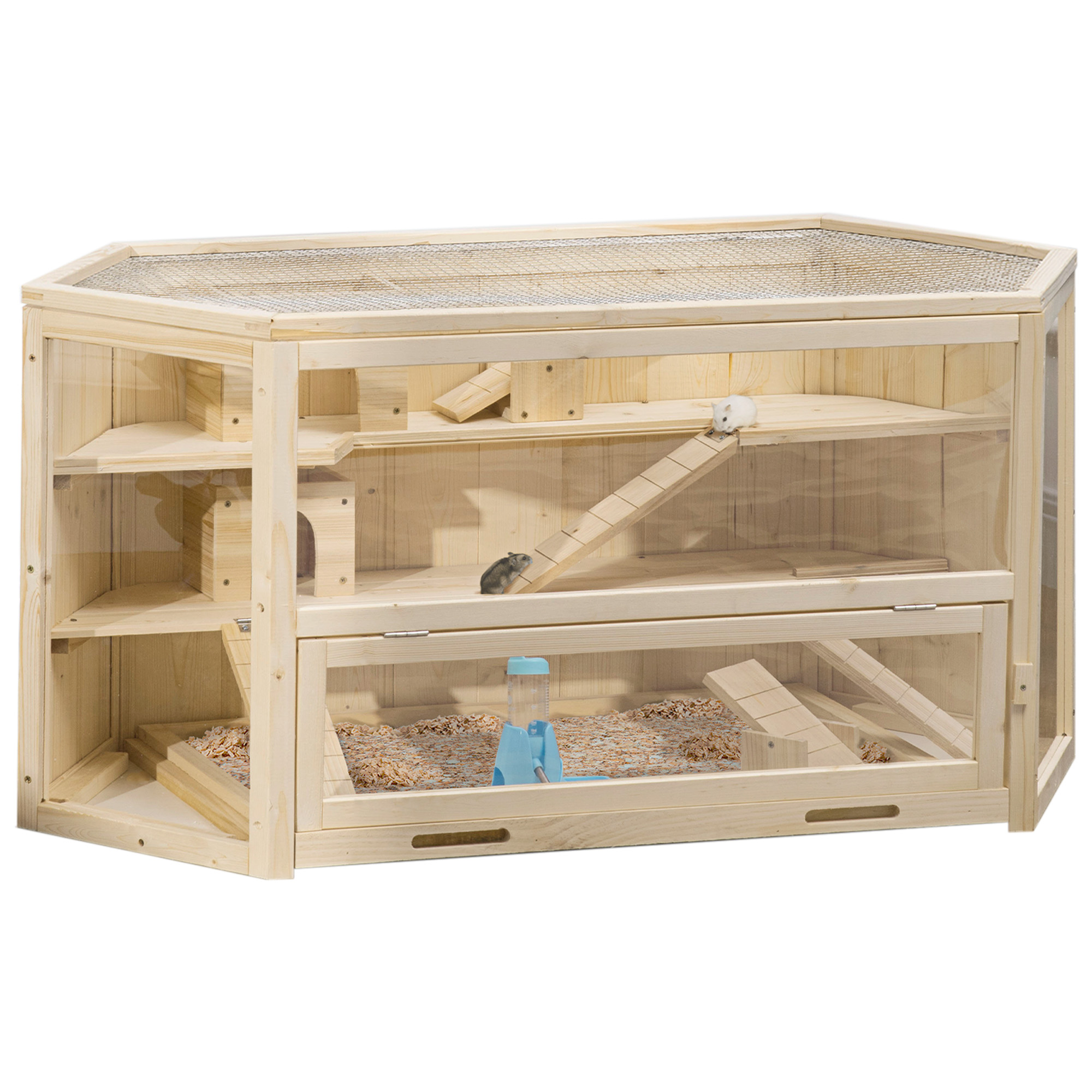PawHut 3 Tier Wooden Large Hamster Cage with Sliding Tray, Seesaws, Water Bottle, Grey