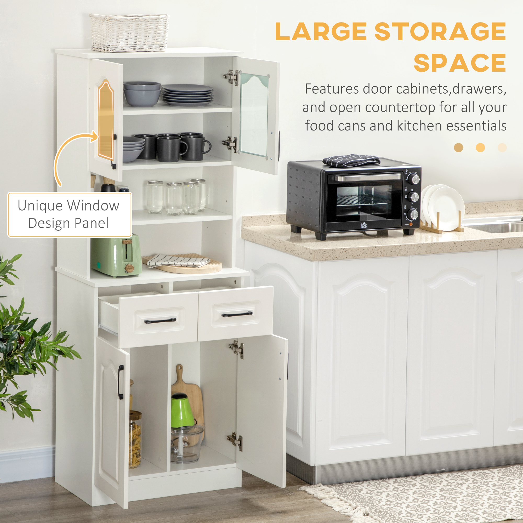 HOMCOM Kitchen Cupboard, Freestanding Storage Cabinet with 2 Adjustable Shelves, 2 Drawers and Open Counter for Living Room, Dining Room, 168cm, White 4