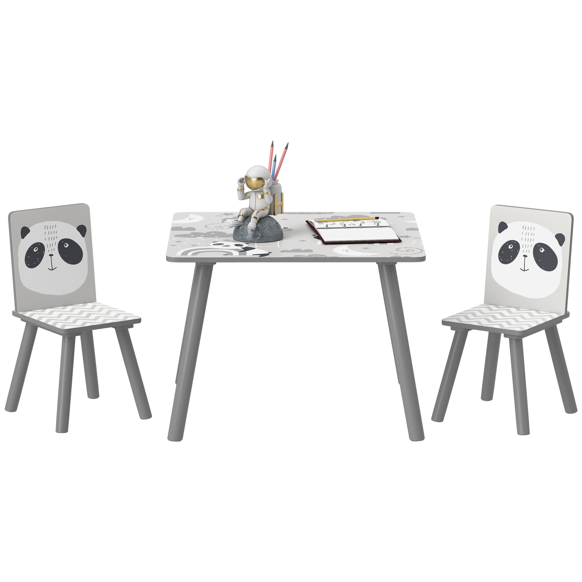 ZONEKIZ Set de Mesa y 2 Sillas Conjunto de Muebles Infantiles de 3 Piezas para Niños de +3 Años con Cenefa y Panda Gris y Blanco