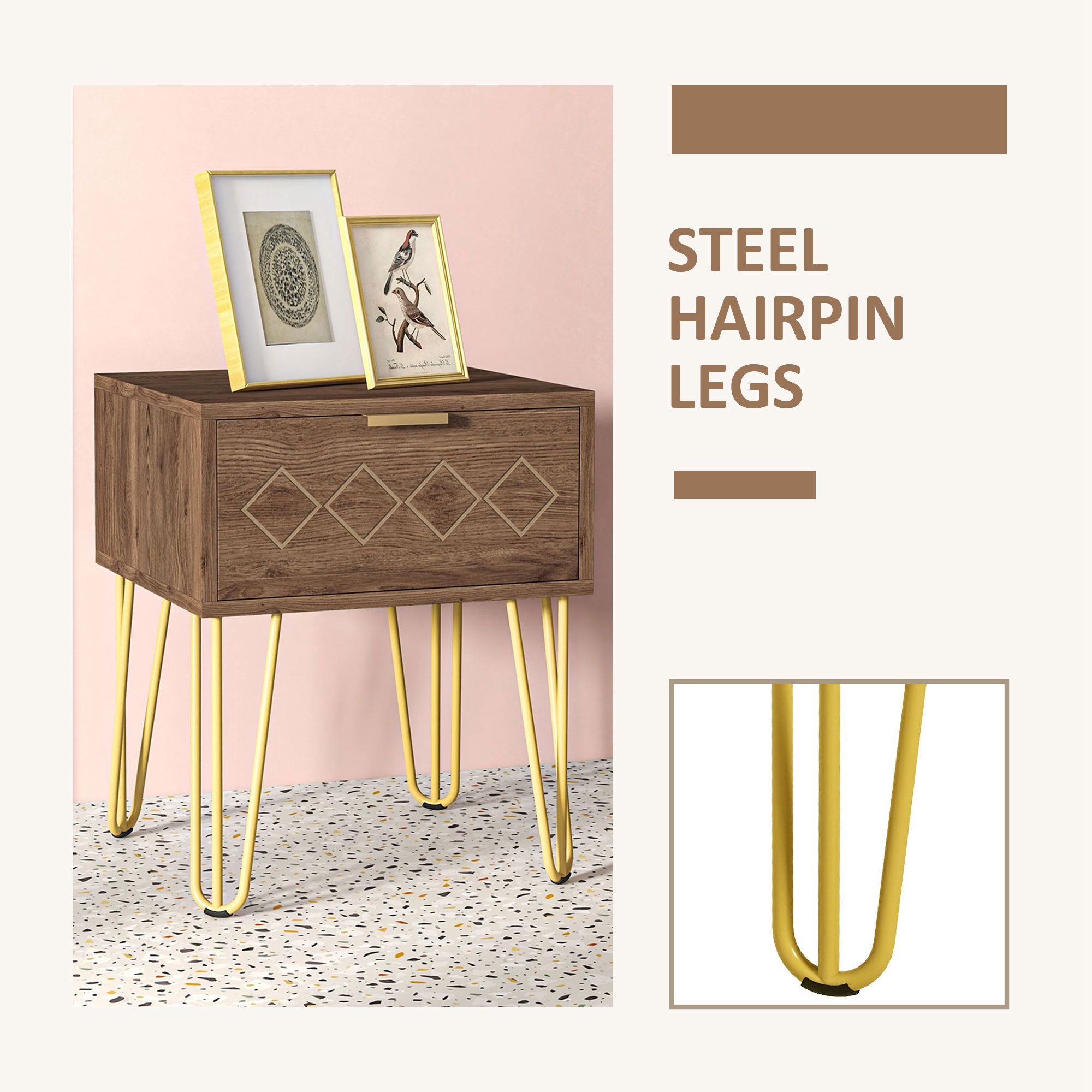 HOMCOM Bedside Table with Drawer, Wooden Nightstand, Modern Sofa Side Table with Gold Tone Metal Legs for Bedroom 6