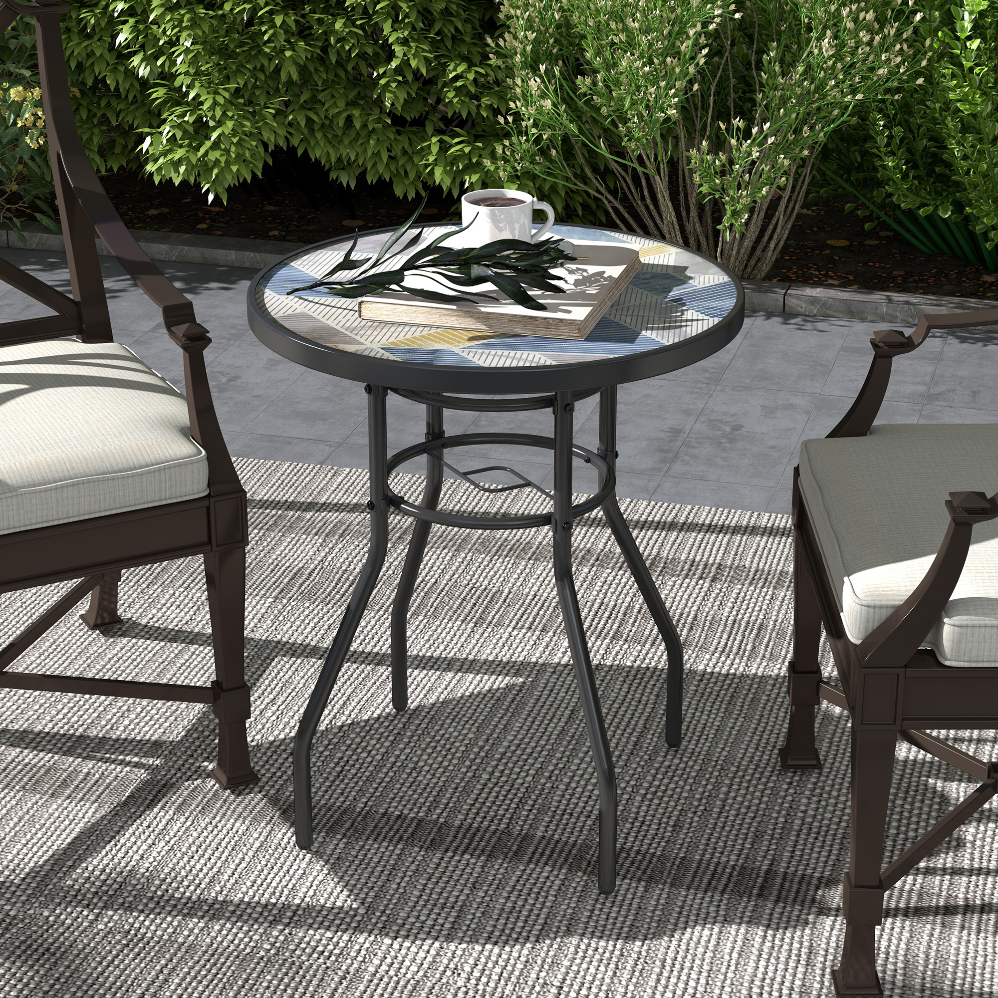 Outsunny Φ60 Garden Table, with Glass Printed Tabletop Multicolour 2