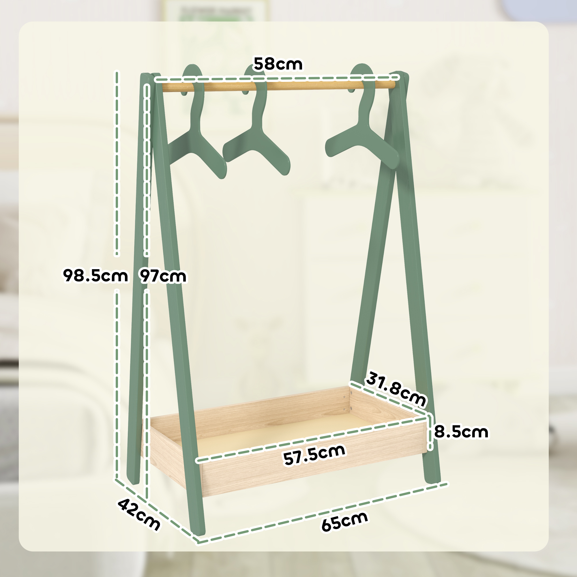 AIYAPLAY Kids Clothes Rail with 3Hangers, Bottom Storage Shelf for Girls, Boys, Nursery, Bedroom, Green 3
