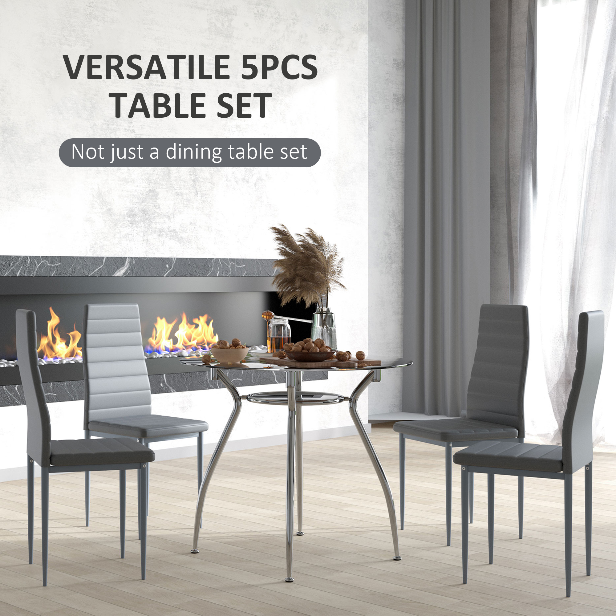 HOMCOM Five-Piece Dining Set, with Padded Chairs and Glass-Top Table Grey 4