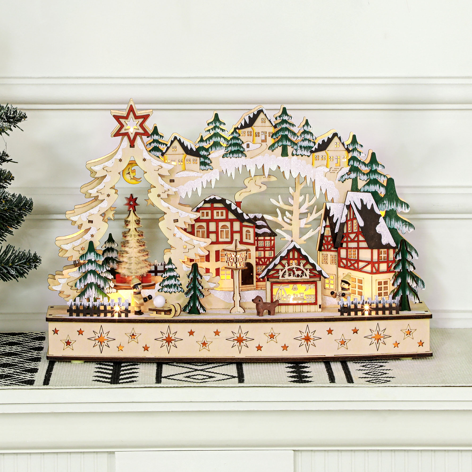 Jõuluküla talvisel võlumaal, 20 LED-tuld, mitmekihiline, naturaalne puit, 45 x 12 x 30 cm