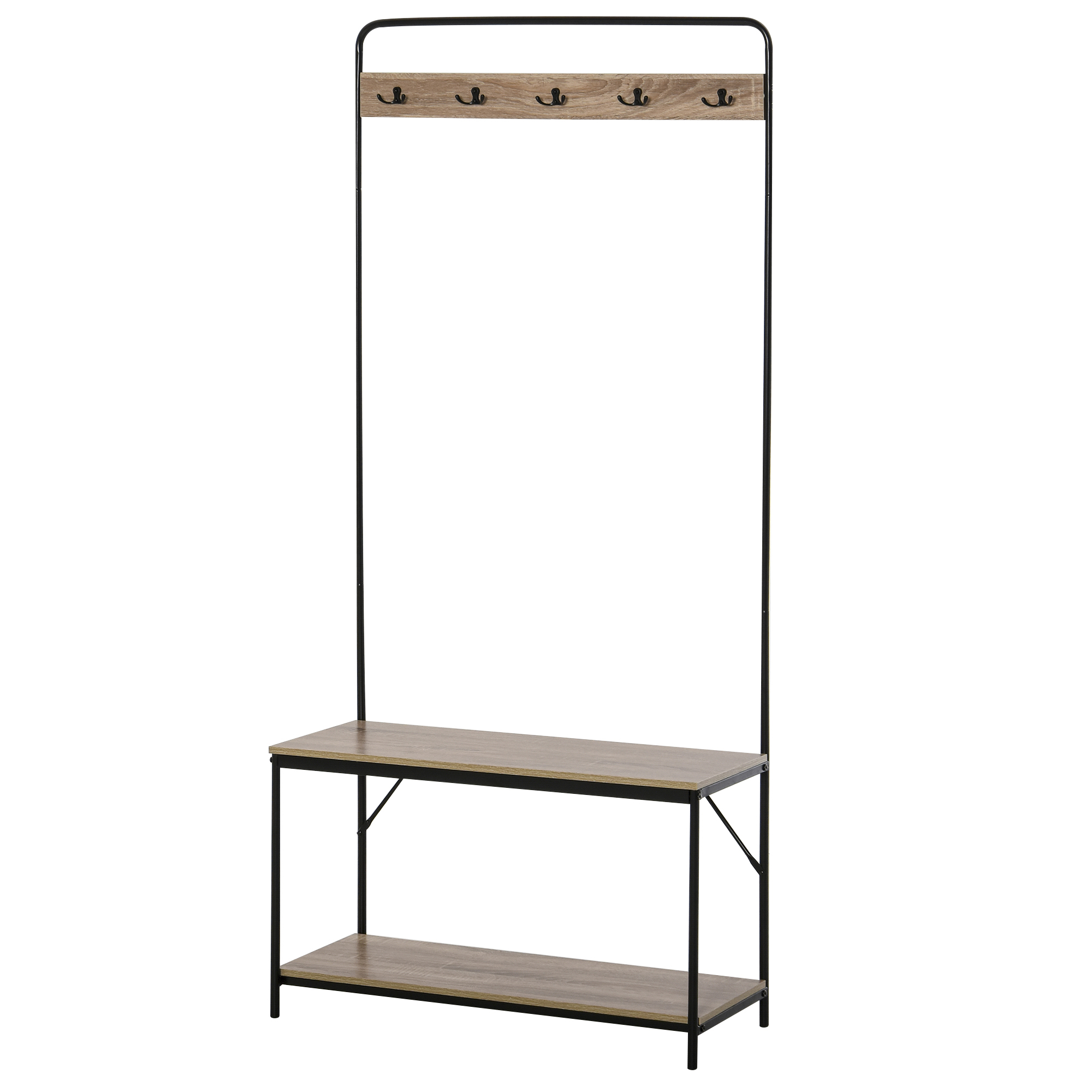 HOMCOM Vestiaire Entrée Banc Porte-Manteaux Étagère Chaussures Style Industriel Imitation Chêne Métal Noir Aosom France