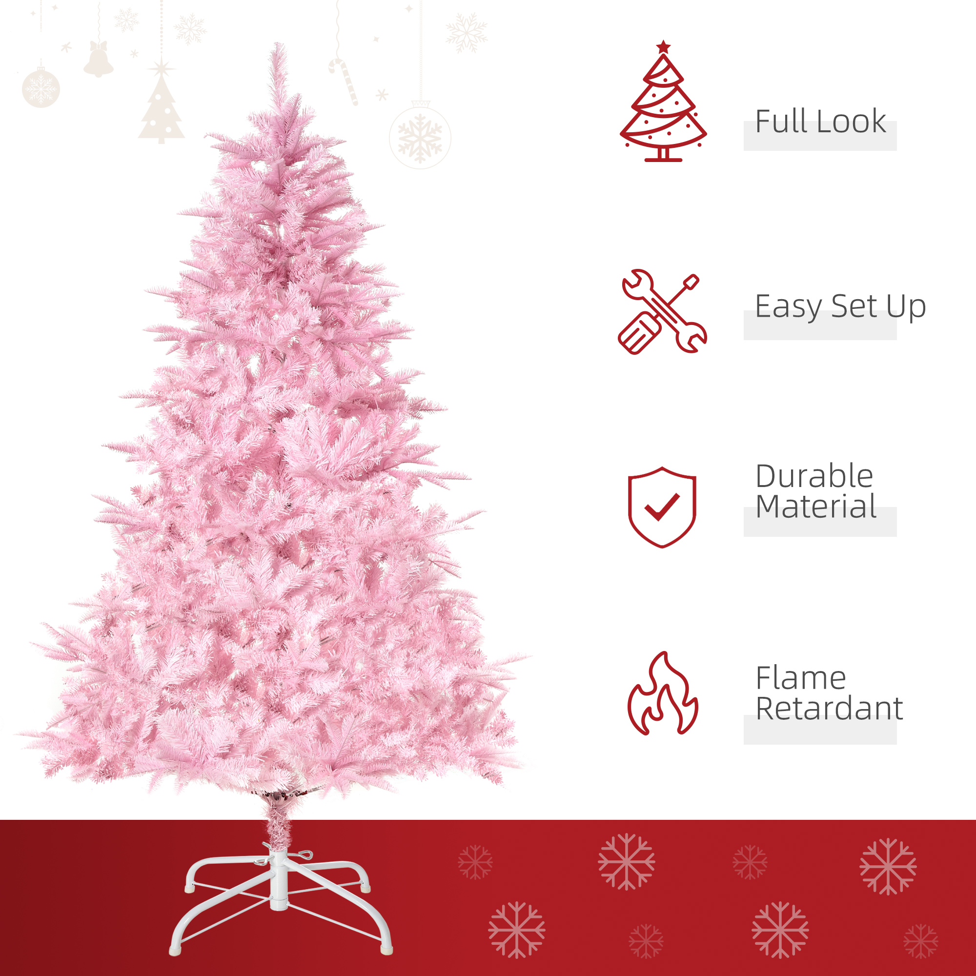 HOMCOM 6FT Artificial Christmas Tree Holiday Xmas Holiday Tree Decoration with Automatic Open for Home Party, Pink 4