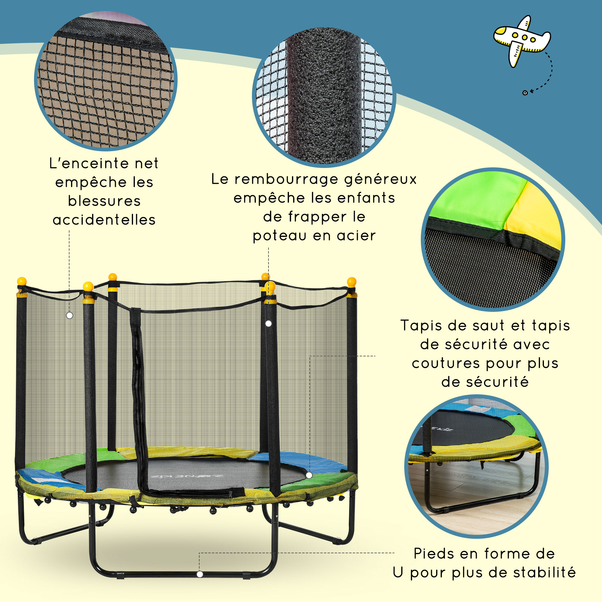 ZONEKIZ Trampoline Rond Enfant 140 Cm – Avec Filet De Sécurité Et Porte Zippée – Charge 50 Kg – Pour Enfants 3 à 10 Ans – Bleu/Noir