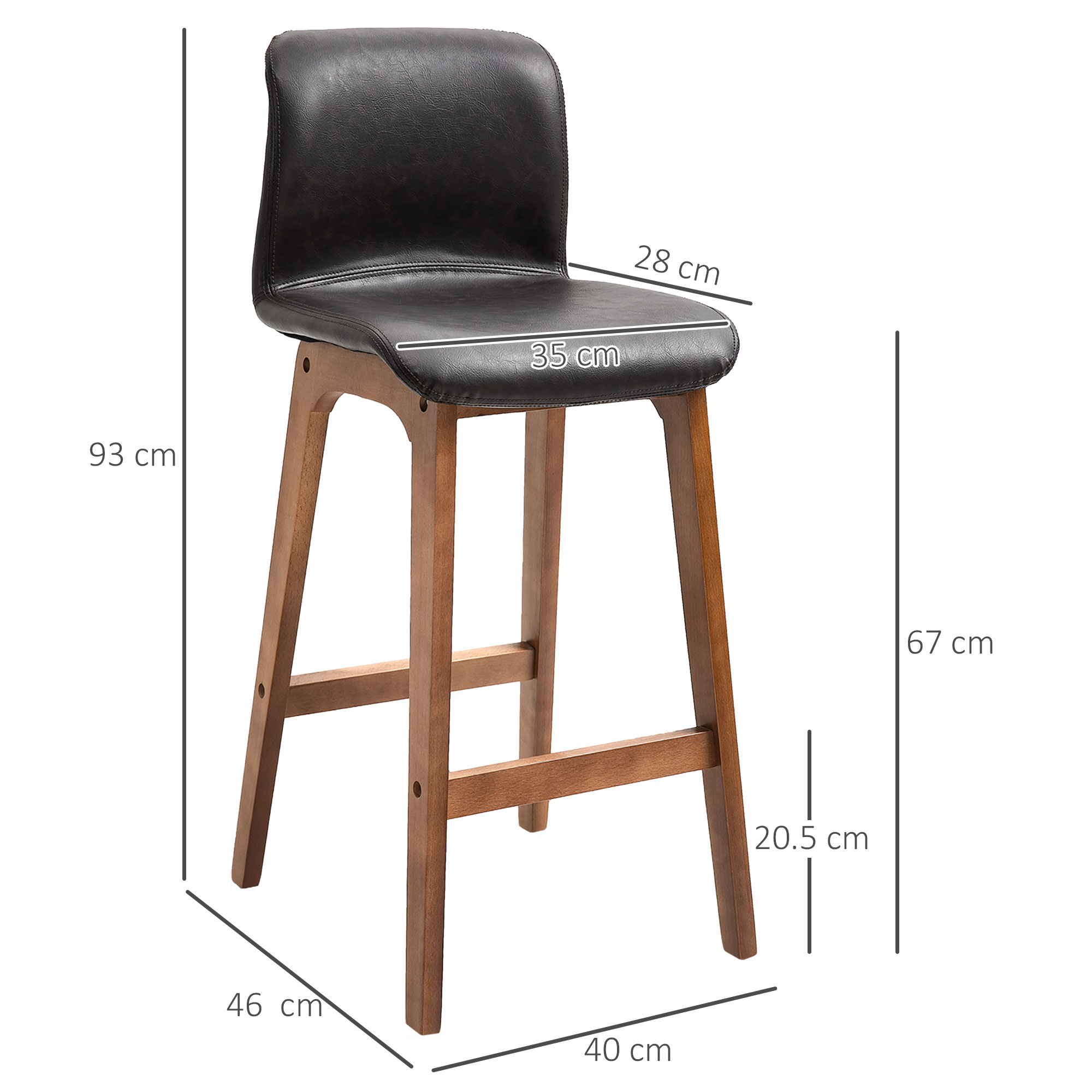 HOMCOM Modern Bar Stools Set of 2, PU Leather Upholstered Bar Chairs with Wooden Frame, Footrest for Home Bar, Dining Room 3