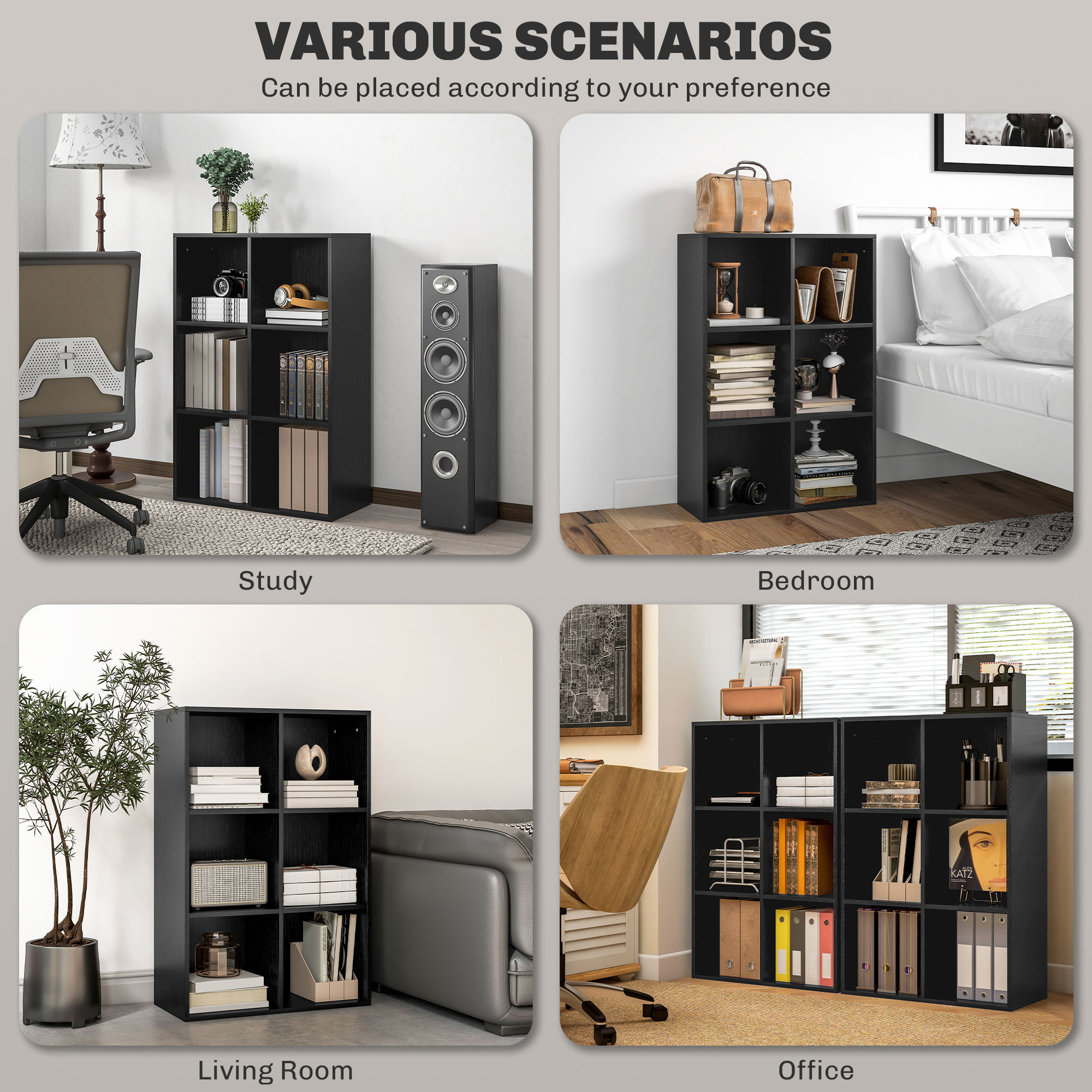 HOMCOM Six-Cube Bookcase Black Wood Effect 6