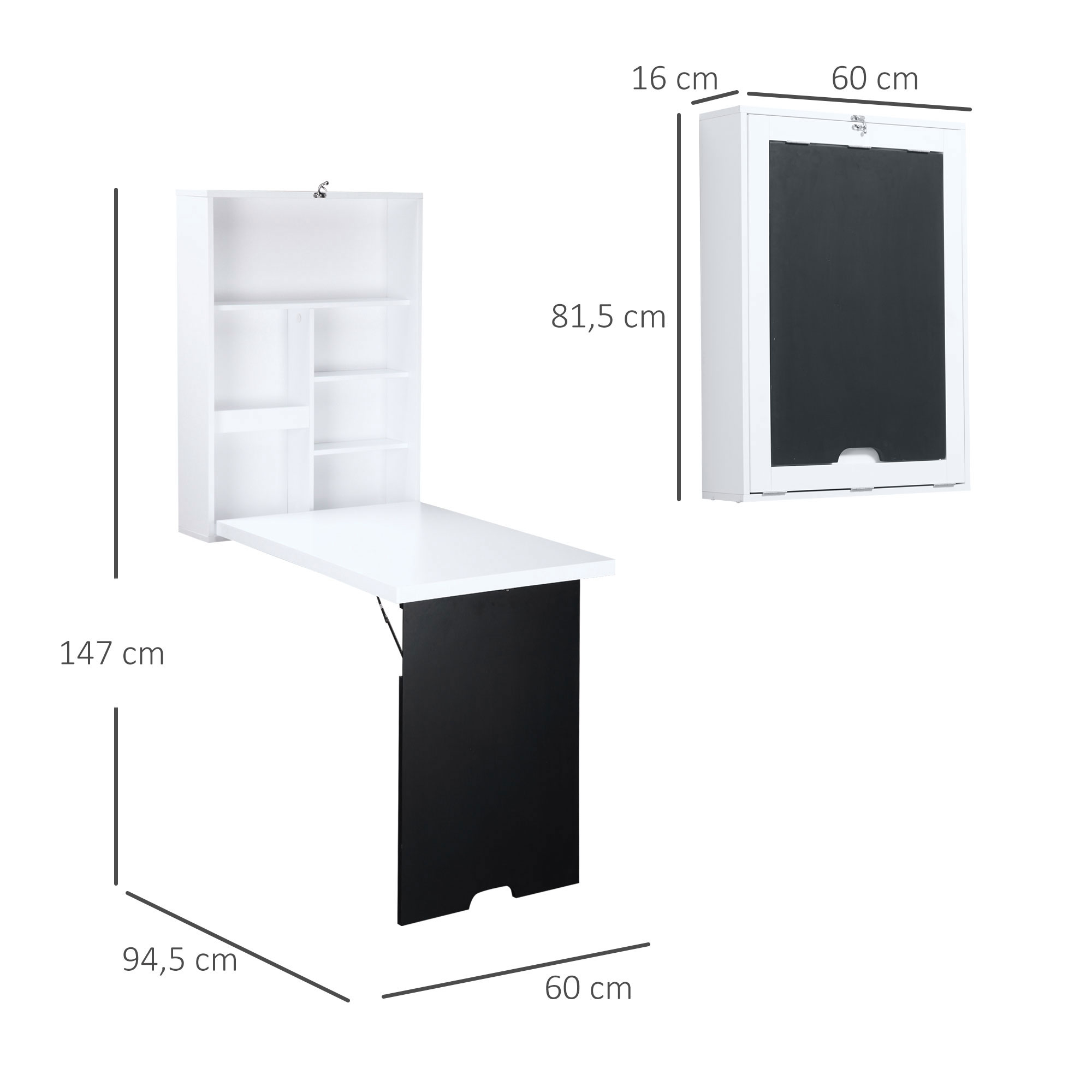 Seinale kinnitatav laud, kokkupandav lauaplaat, 5 sektsiooni, 60x94,5x147cm, must/valge