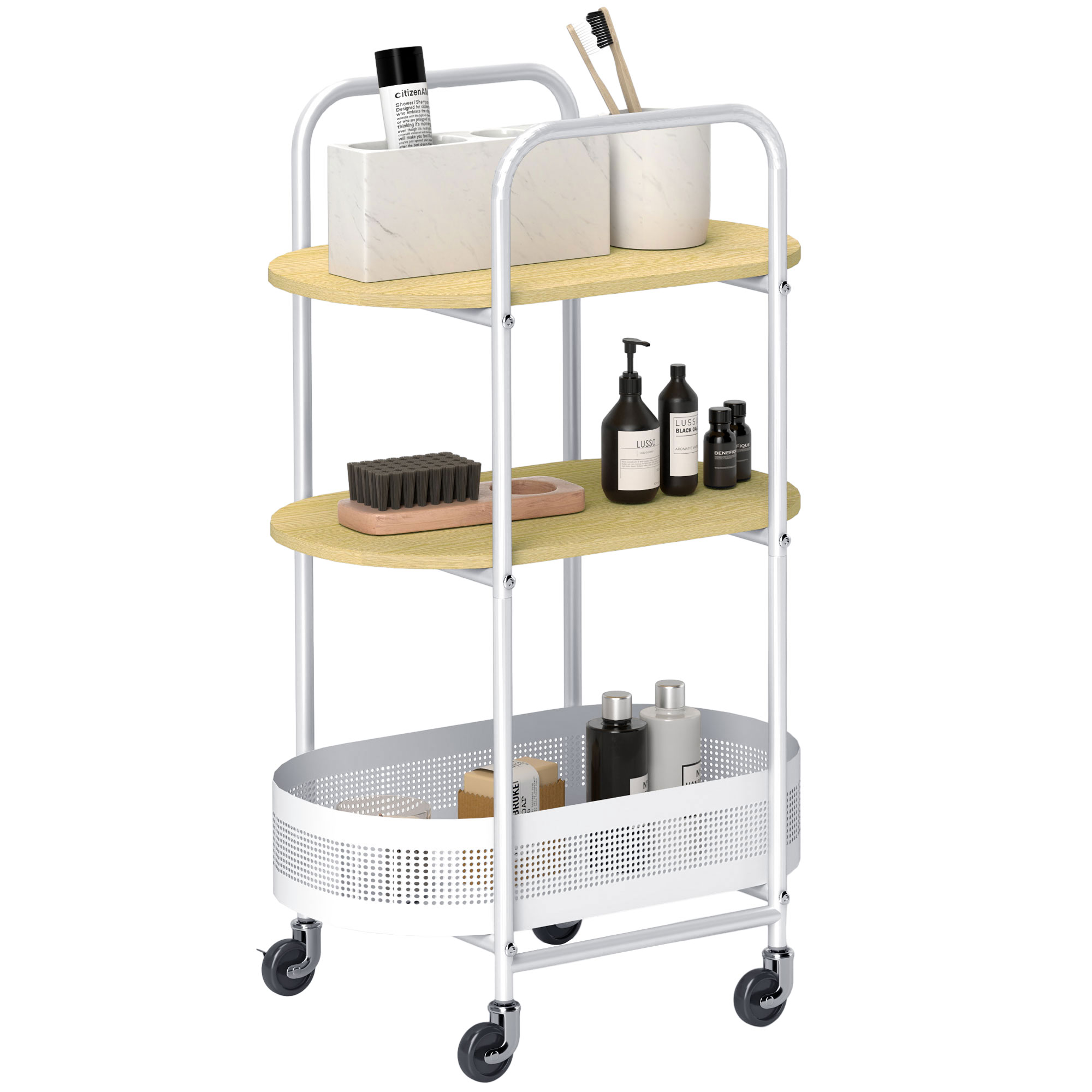 HOMCOM Carrito Auxiliar con Ruedas de 3 Niveles Carro de Almacenamiento con Cesta y Estantes 49,5x32,5x82,5 cm Blanco y Madera Natural