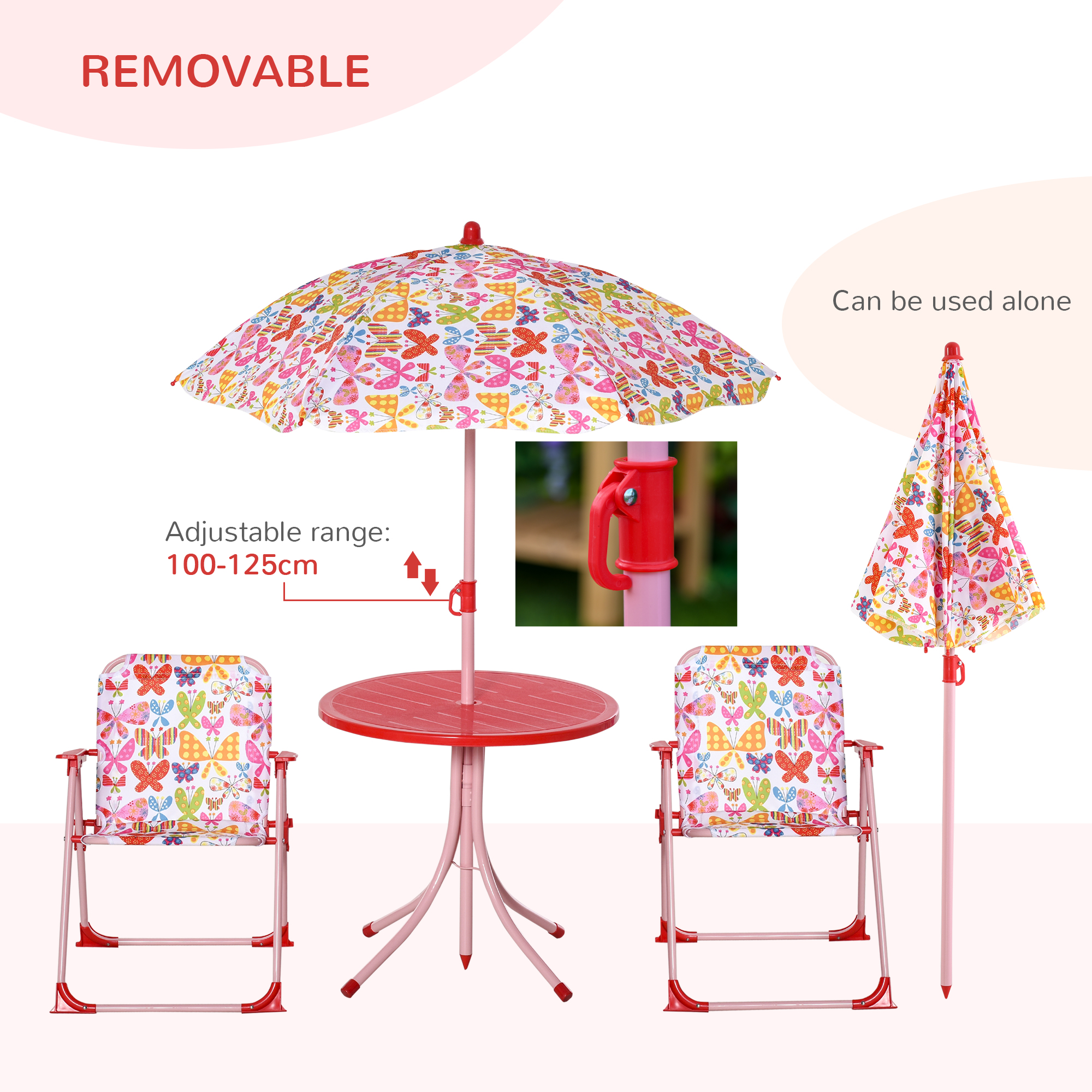 Outsunny Kids Outdoor Bistro Table and Chair Set Butterfly Pattern Garden Patio Backyard with Removable & Height Adjustable Parasol 6