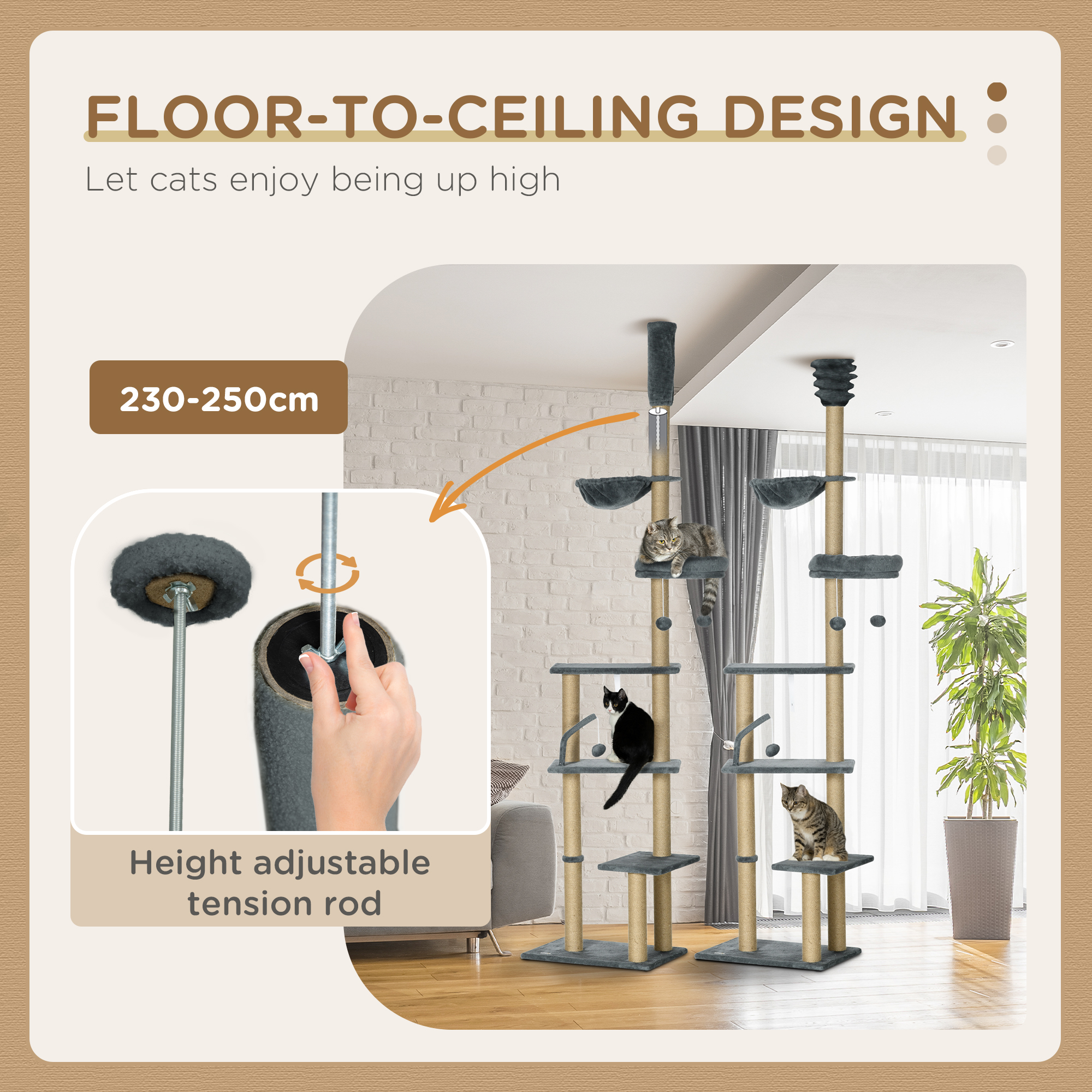 PawHut 230-250cm Floor-to-Ceiling Climbing Cat Tree Tower Grey 5