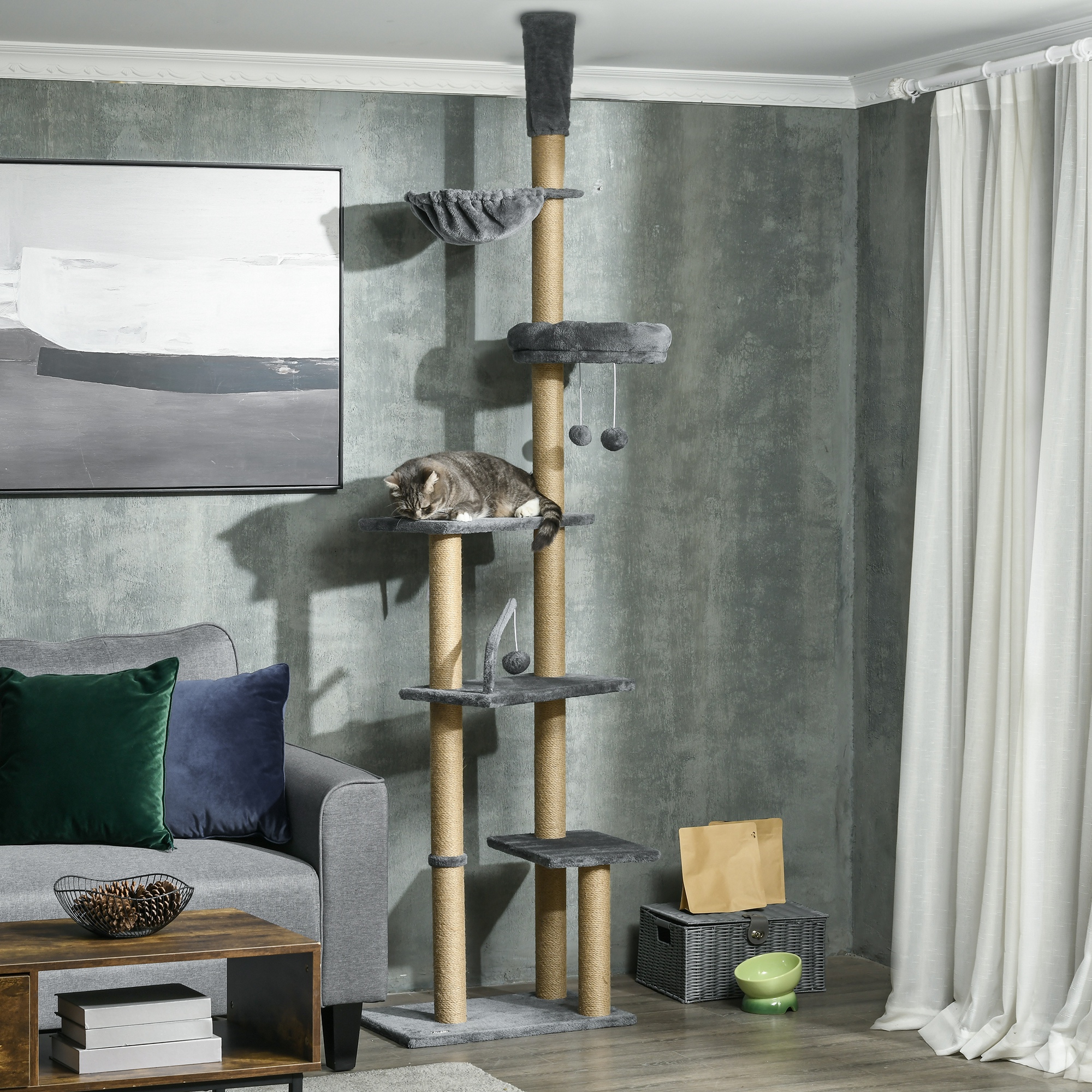 PawHut 230-250cm Floor-to-Ceiling Climbing Cat Tree Tower Grey 2