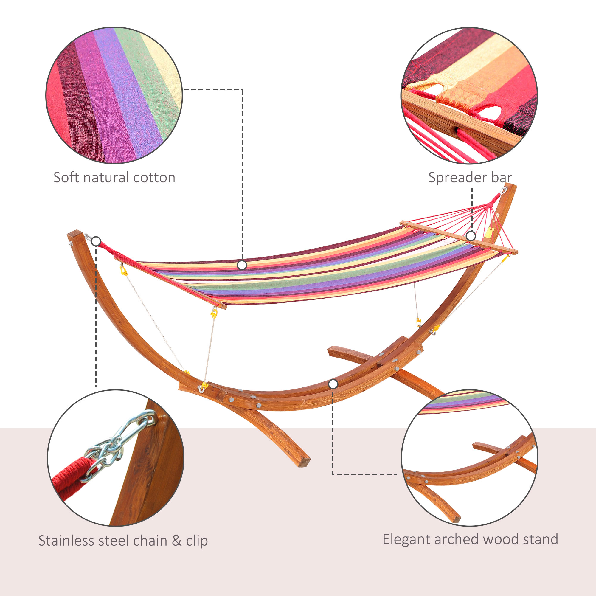 Outsunny Outdoor Hammock with Stand, Free Standing Hammock with Arc Wooden Frame and 200 x 100cm Fabric, Garden Swing Hanging Bed with Safe Ropes, Multicolour 6