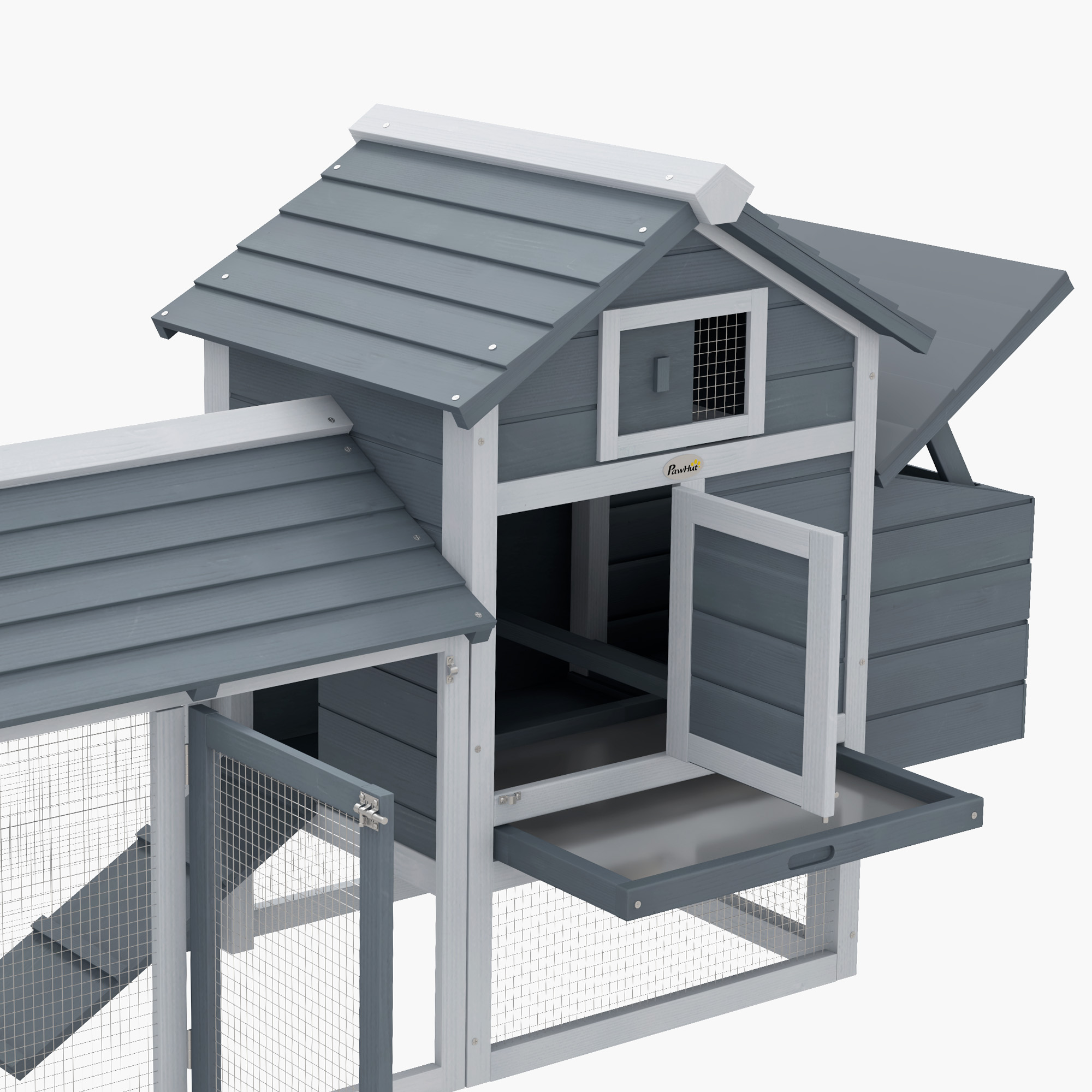 PawHut Small Chicken Coop with Run Hen House Poultry Coops Cages Nesting Box Grey 150.5 x 54 x 87cm 9