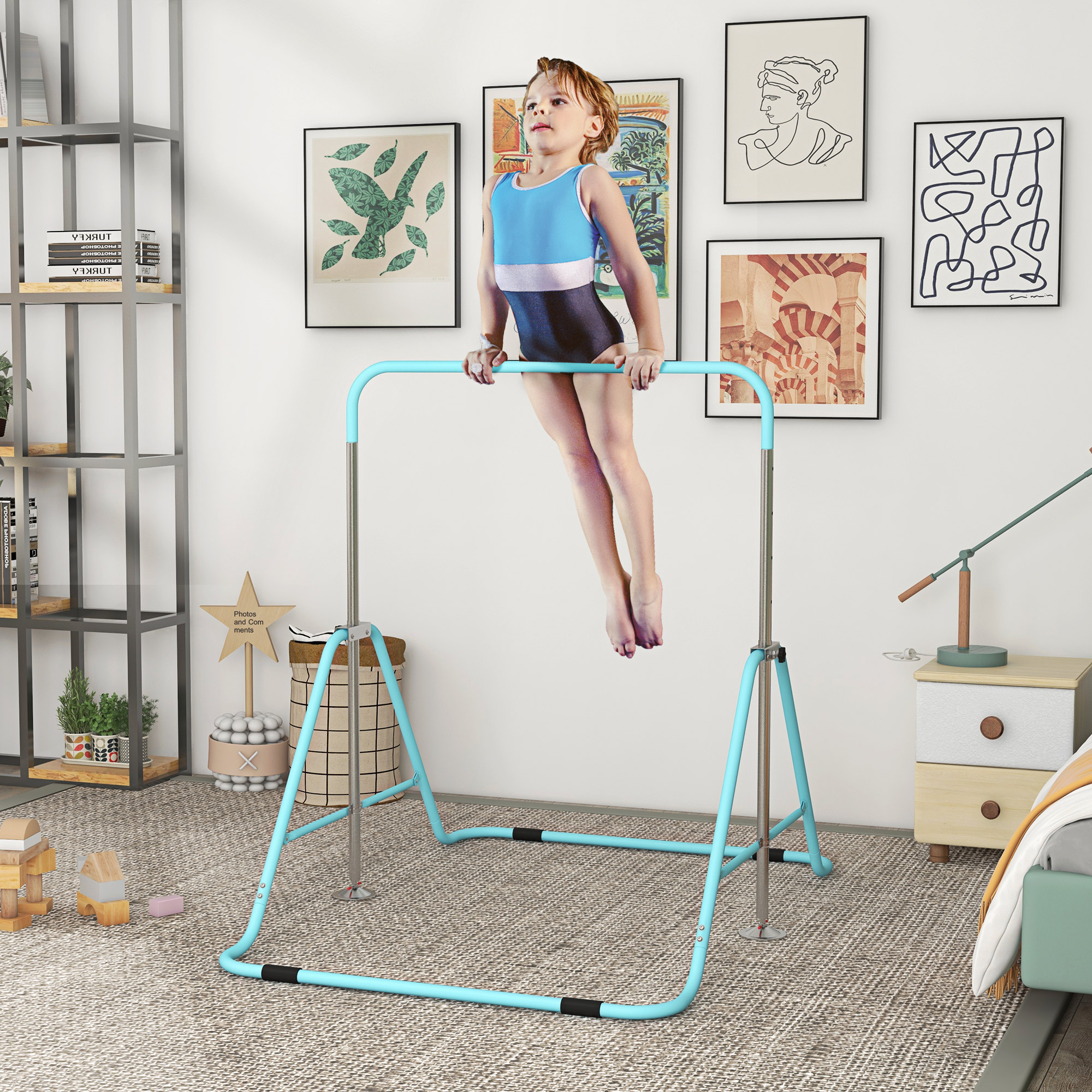 HOMCOM Kids Gymnastic Bar, with Adjustable Height, Foldable Horizontal Bars Light Blue 2