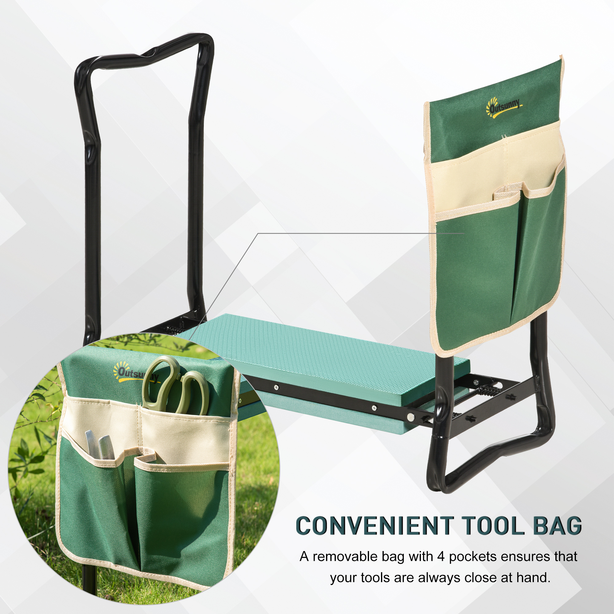 Outsunny Steel Frame Padded Garden Kneeler, with Tool Bag Green 6