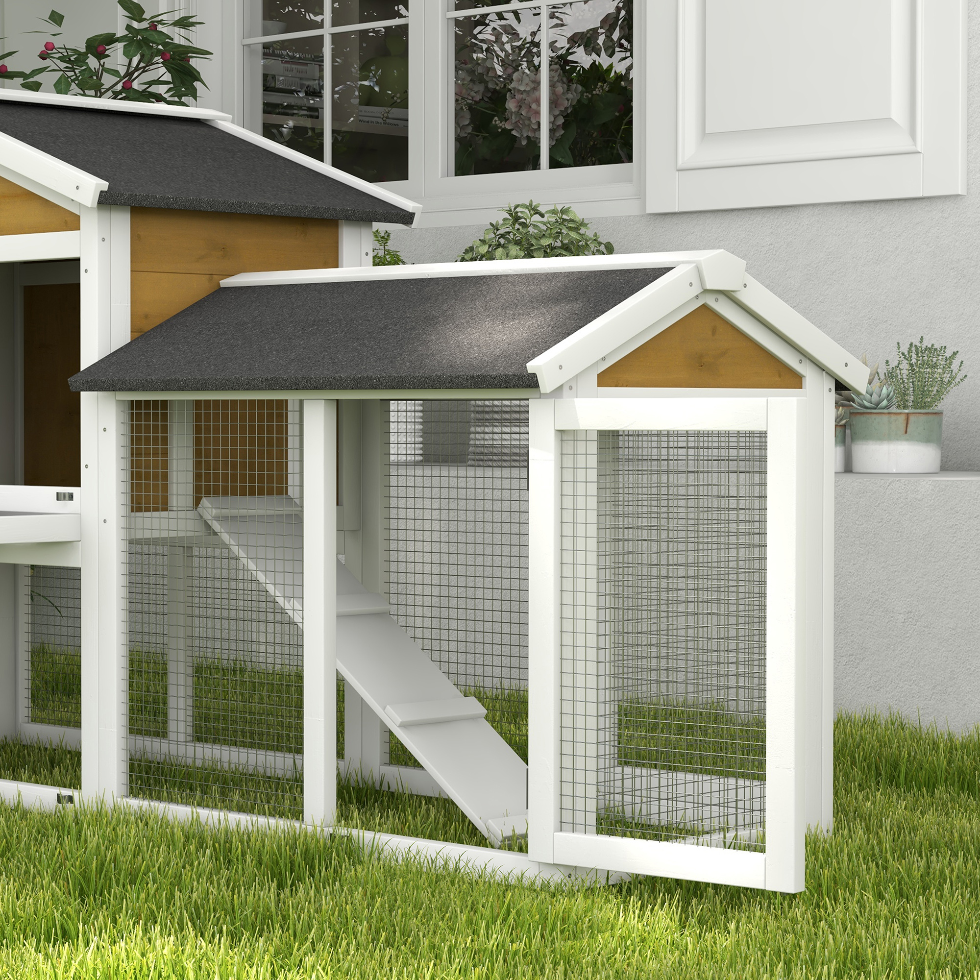 PawHut Wooden Rabbit Hutch Outdoor, Double Tier with Water-Resistant Roof, Ramp 147 x 54 x 84 cm, Yellow 9