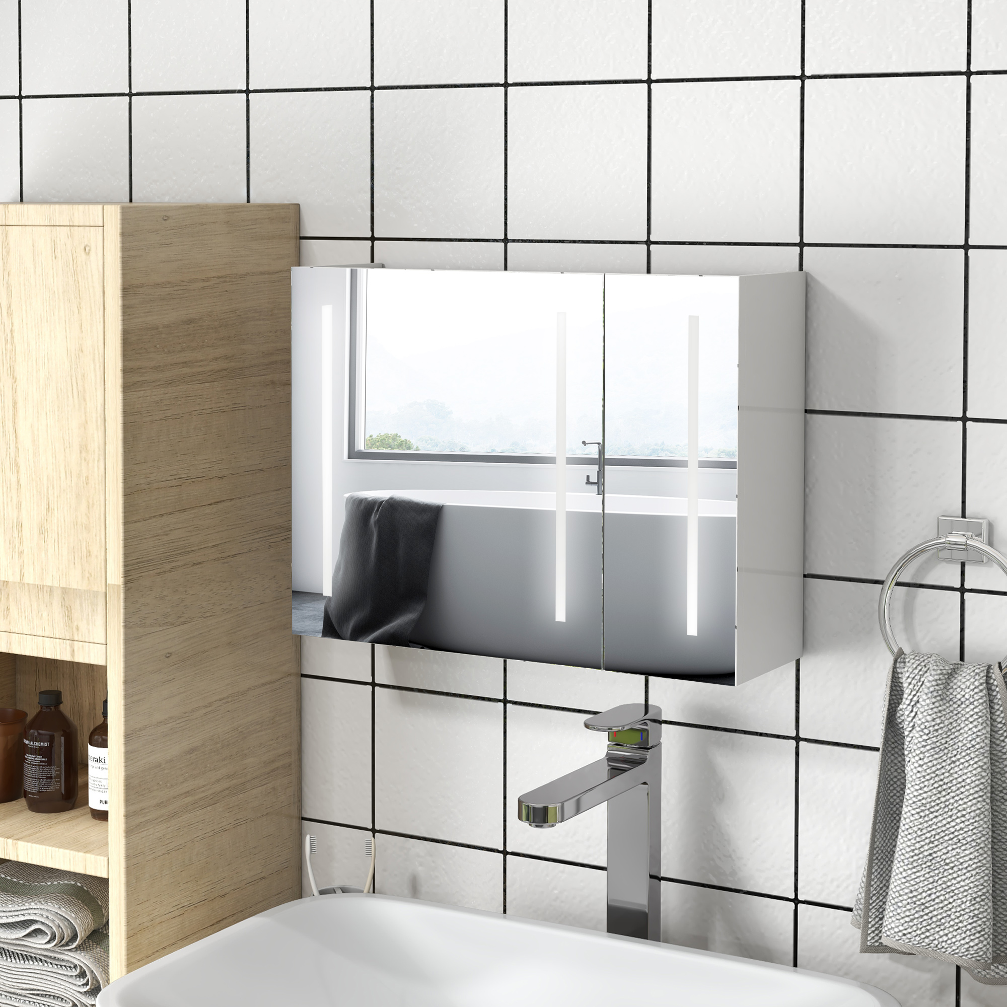 kleankin Bathroom Mirror Cabinet with Light, Bathroom Storage Cupboard with USB Charge, Adjustable Shelf, 90x15x70cm, White 2