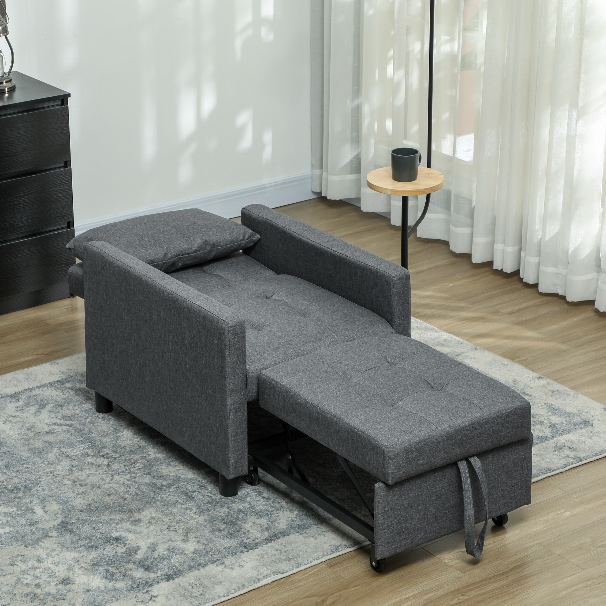 HOMCOM 3-In-1 Chair Bed, Convertible Sleeper Chair with Adjustable Backrest, Pillow and Footrest for Living Room, Dark Grey 8