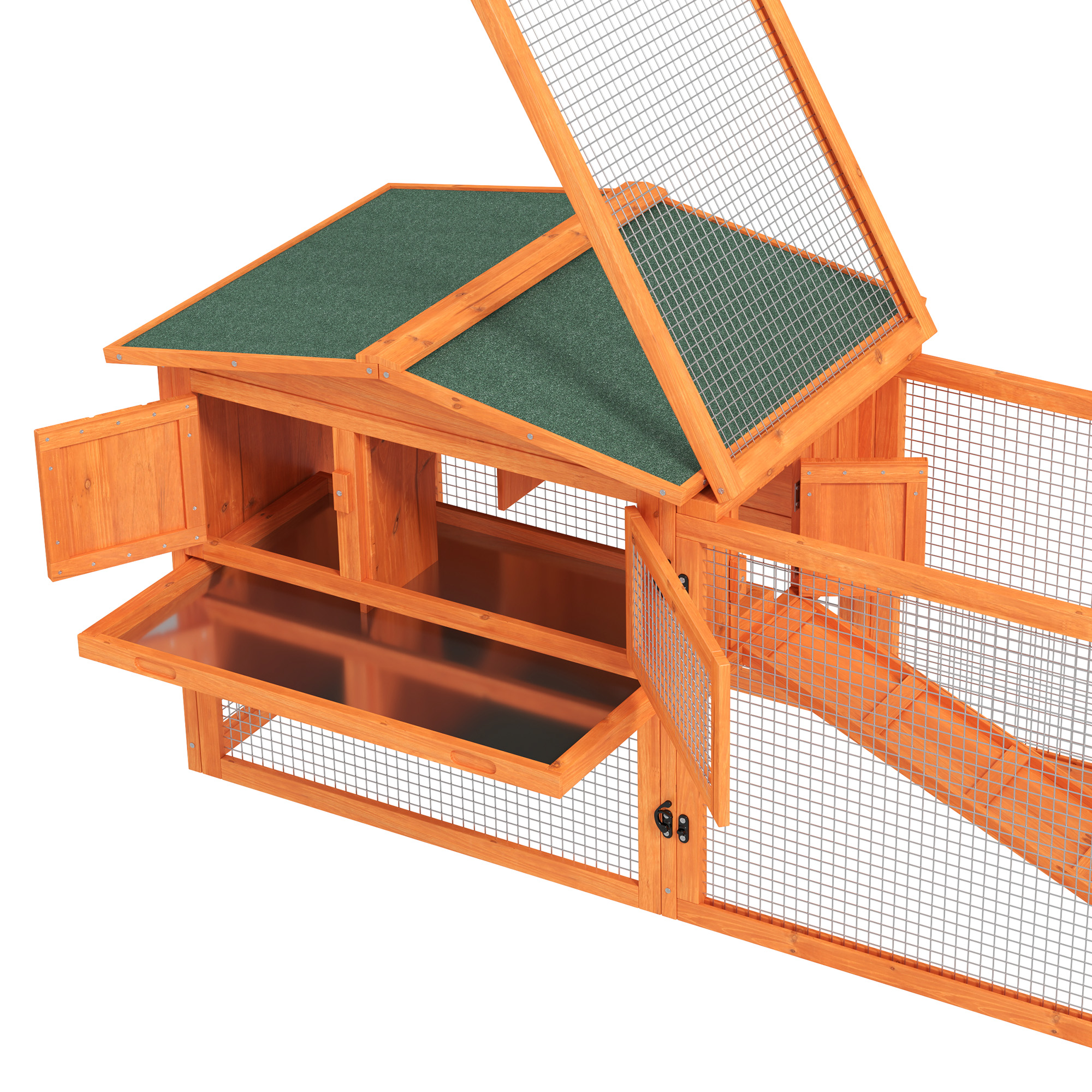 PawHut Rabbit Hutch with Run Wooden Guinea Pig Hutch Outdoor Bunny Cage Hide House with Sliding Tray, Hay Rack, Ramp, 156 x 58 x 68cm, Orange 8
