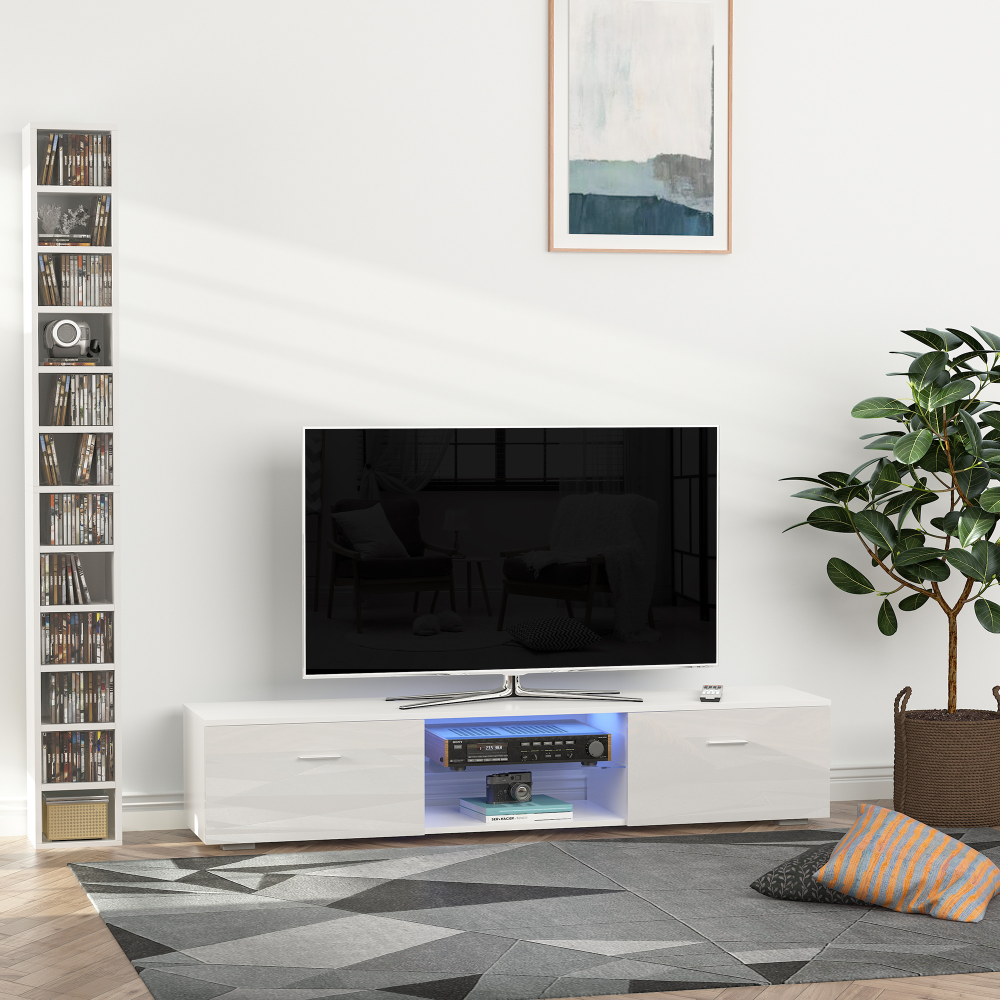 Mobile Porta TV HOMCOM Con Luci LED RGB 20 Colori – Adatto A TV Fino A 55", Cassetti E Ripiani In Legno Bianco Lucido