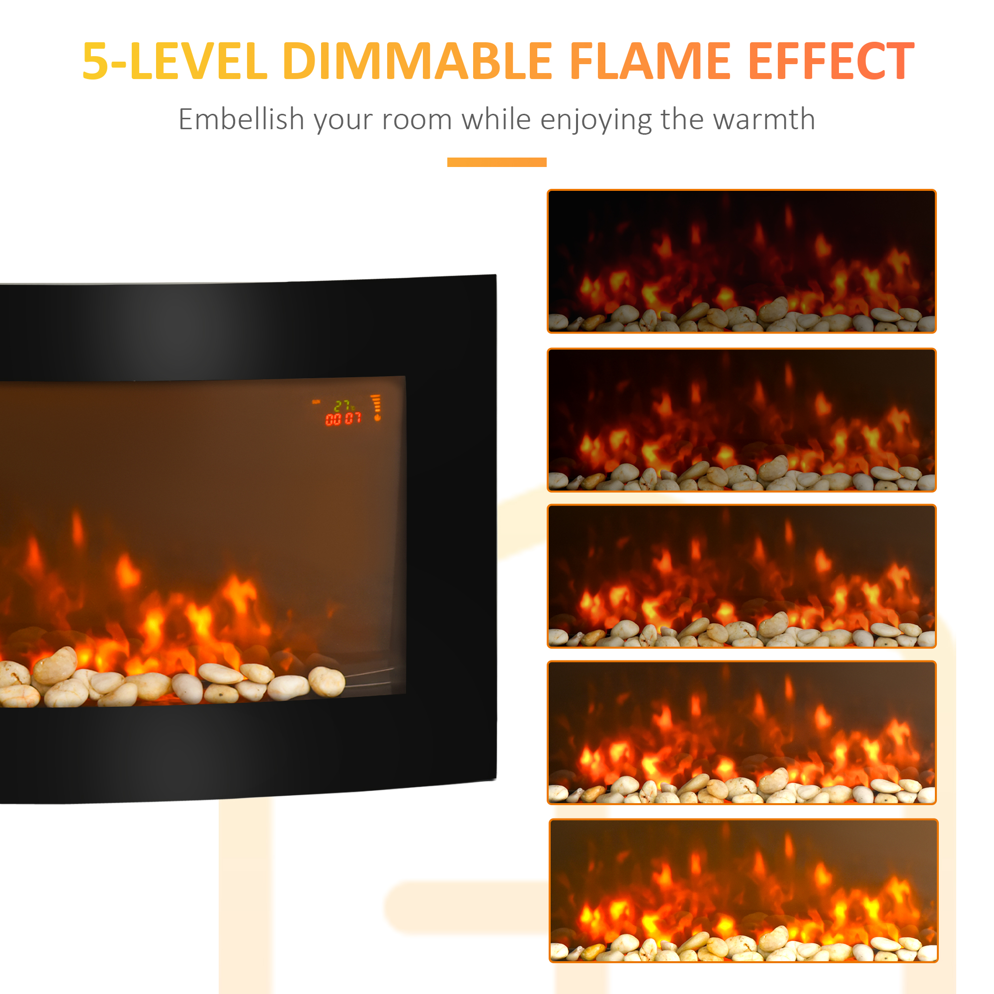 HOMCOM Led Wall Mounted Fireplace Curved Glass Electric Fire Place Fire Place 7 Colour Side Lights Slimline, 1000/2000W, 89.2cm x 48cm 6