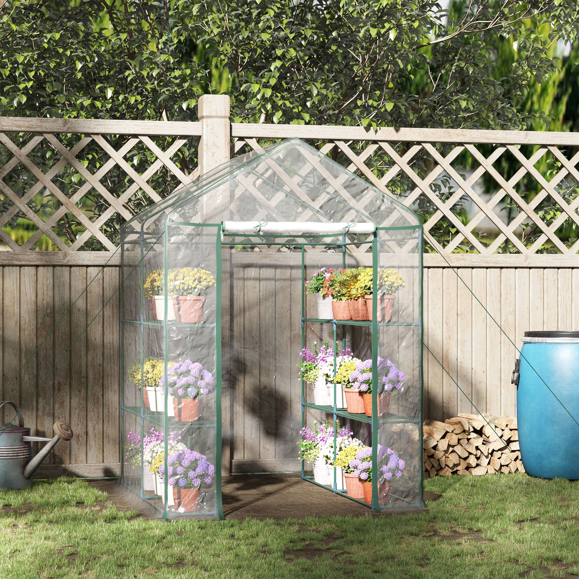 Outsunny Walk in Greenhouse with 3-Tier 8 Shelves, Green House with Hemmed Cover, Roll-up Zipped Door, Steel Frame, 143 x 143 x 195cm 2