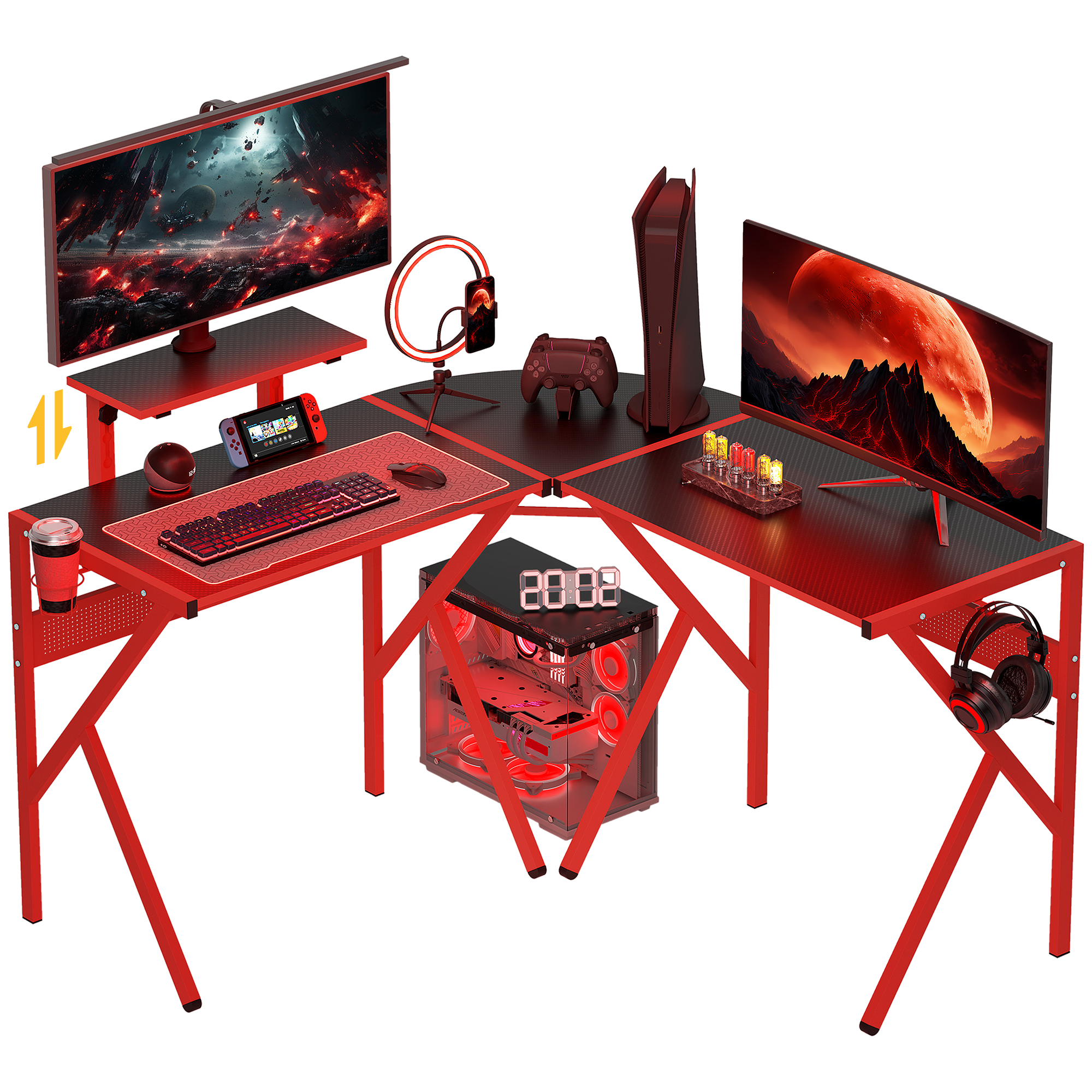 HOMCOM Scrivania Gaming, Scrivania Angolare per Ufficio o Camera, Scrivania Porta PC ad Angolo in Metallo, Nero e Rosso 125x125x75cm