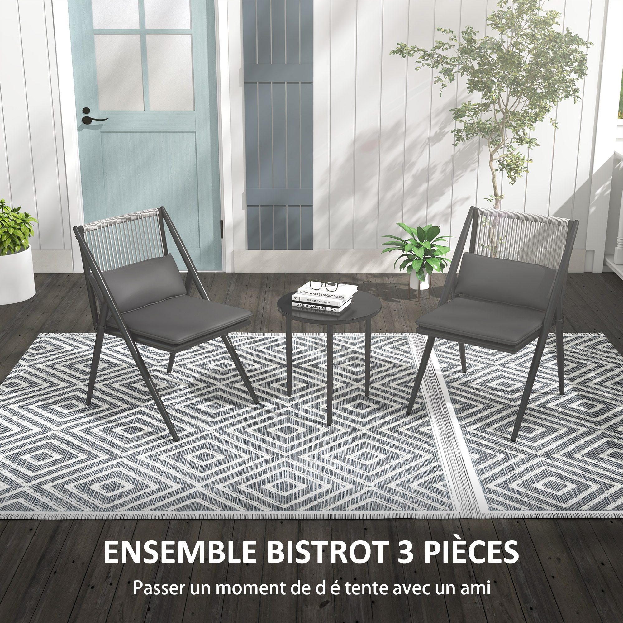 Outsunny Salon De Jardin 2 Places 3 Pièces - 2 Chaises Avec Coussins + Table Basse Verre Trempé Résine Tressée Gris Clair