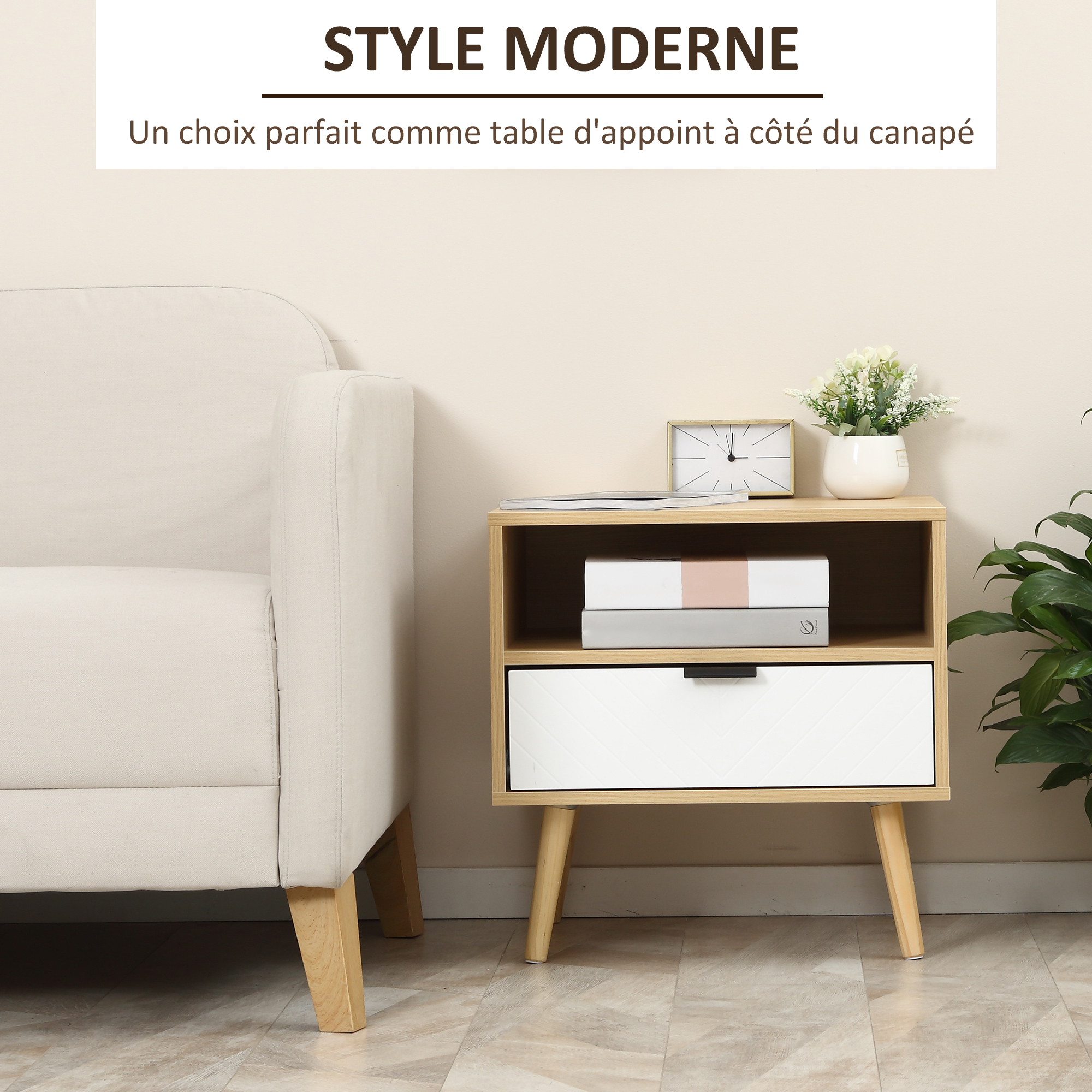 Table De Chevet Style Industriel Blanc - Tiroir, Niche, Plateau, Piètement Métal, Aspect Bois Chêne Chevron - 45x39x48 Cm