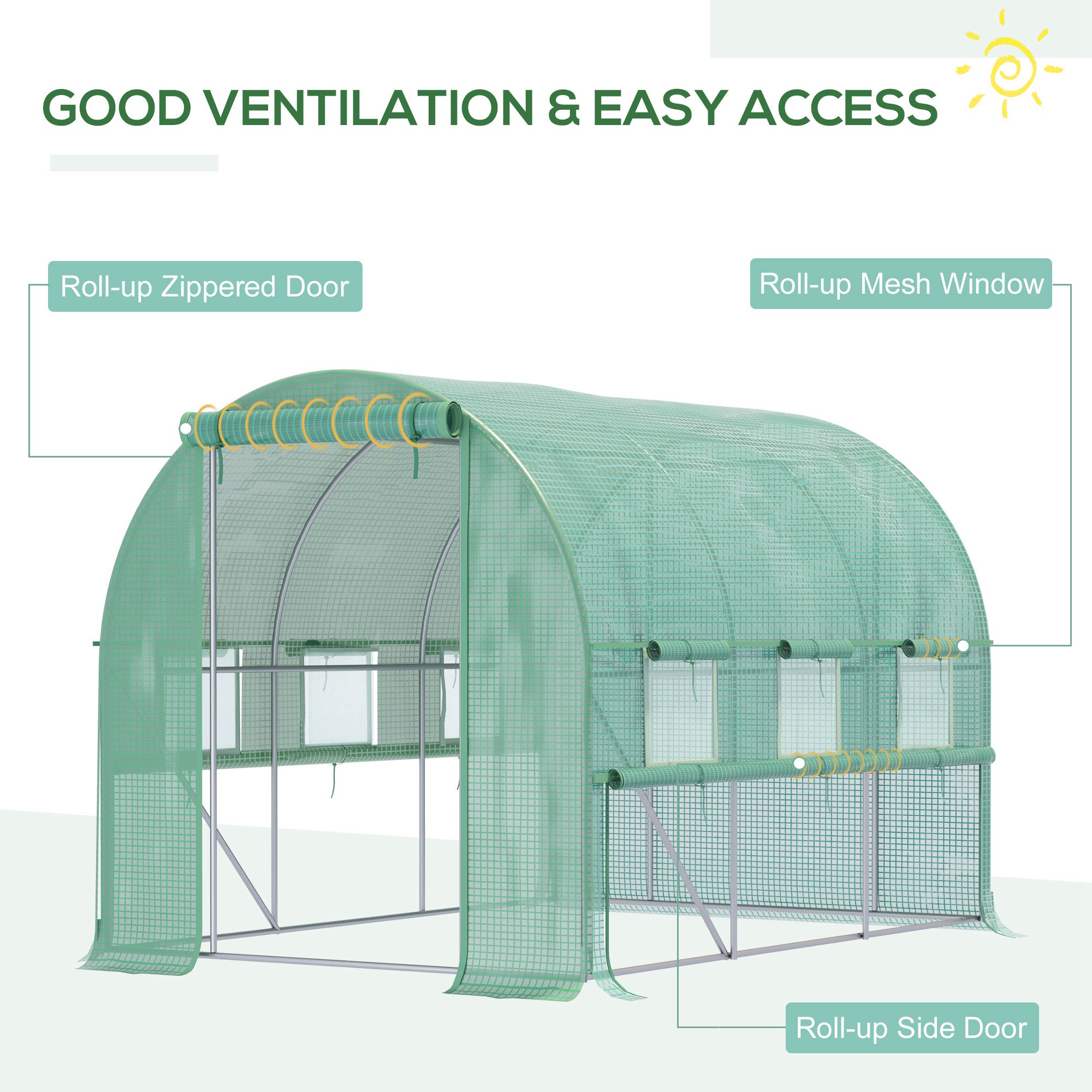 Outsunny Walk-in Polytunnel Greenhouse Green House with Roll-up Sidewalls, UV-resistant PE Cover, 3 x 2 x 2m, Green 4