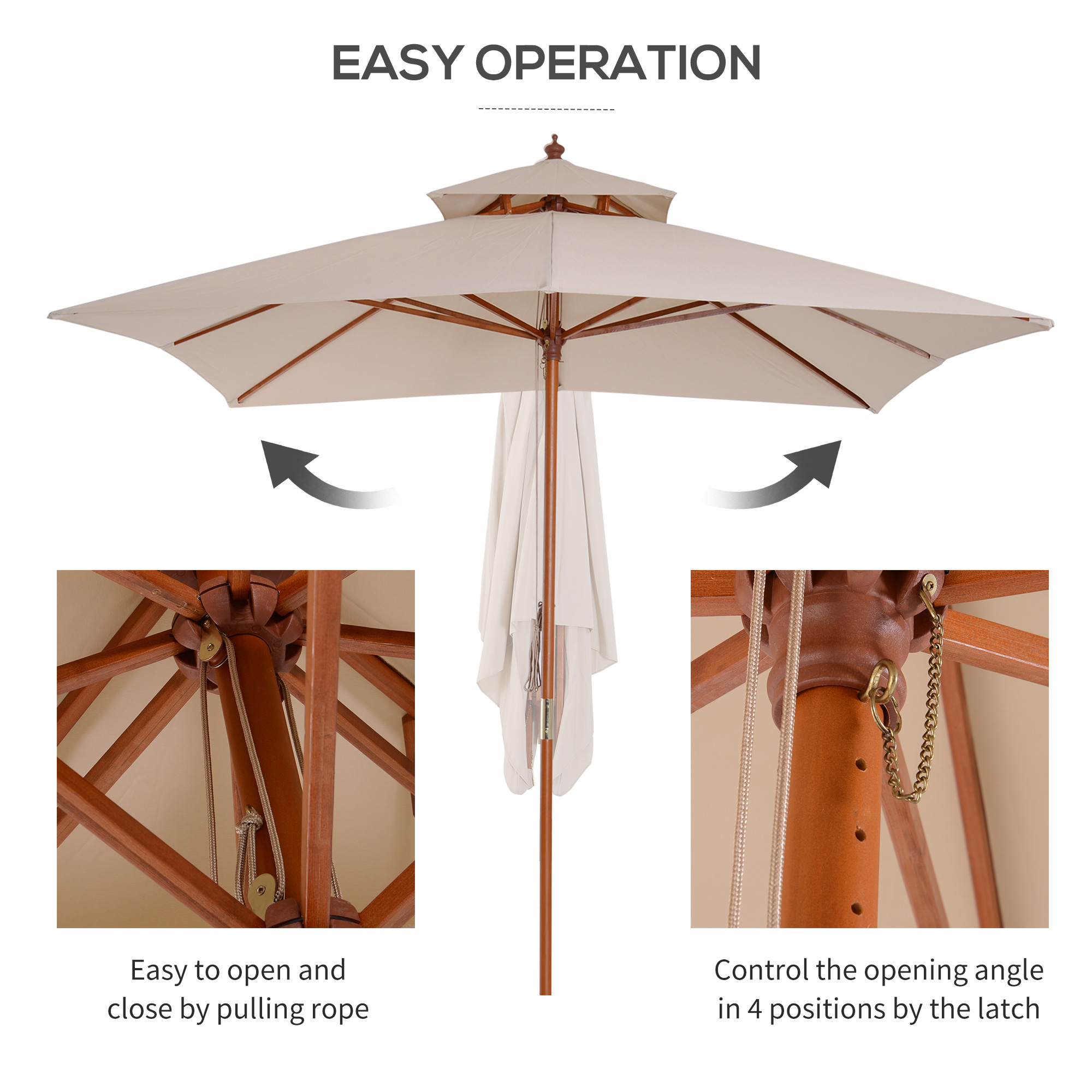Outsunny 3 x 3 metre Patio Parasol Garden Umbrellas Sunshade Outdoor Wooden Parasol Canopy Double Tier, Beige, BASE NOT INCLUDED 6