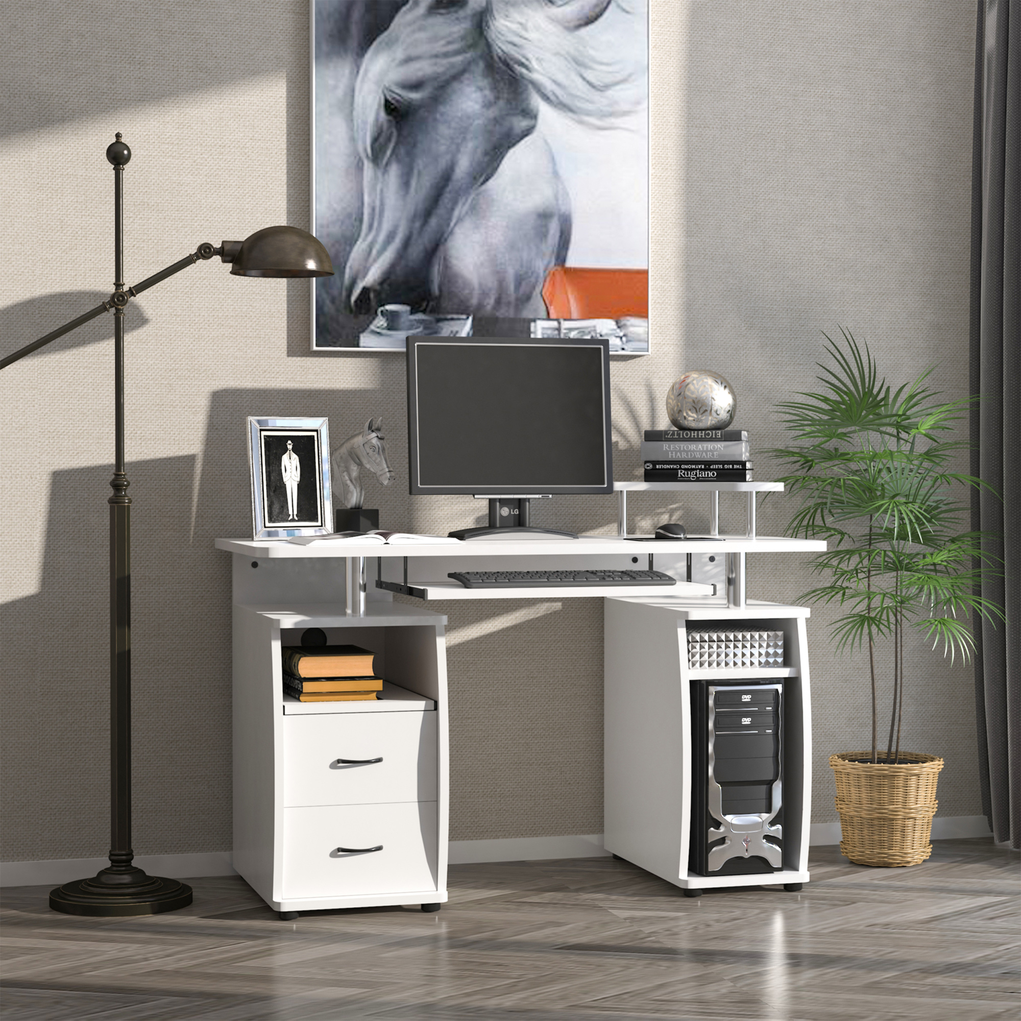 HOMCOM Computer Desk Office PC Table Workstation with Keyboard Tray, CPU Shelf, Drawers, Sliding Scanner Shelf, White 2