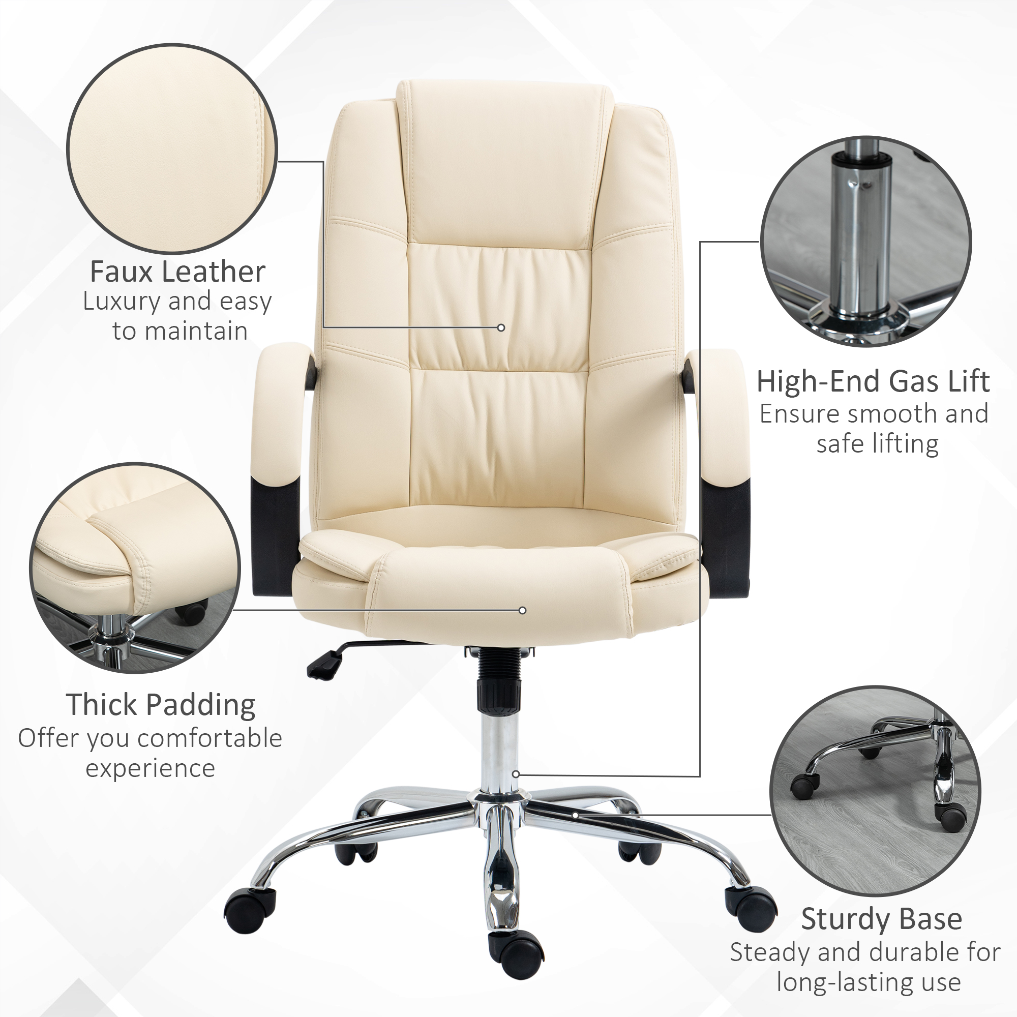 Vinsetto Office Chair, PU Leather Desk Chair with 13cm Soft Padded Seat and Backrest, Swivel Chair with Adjustable Height and Rolling Wheels, Beige 4