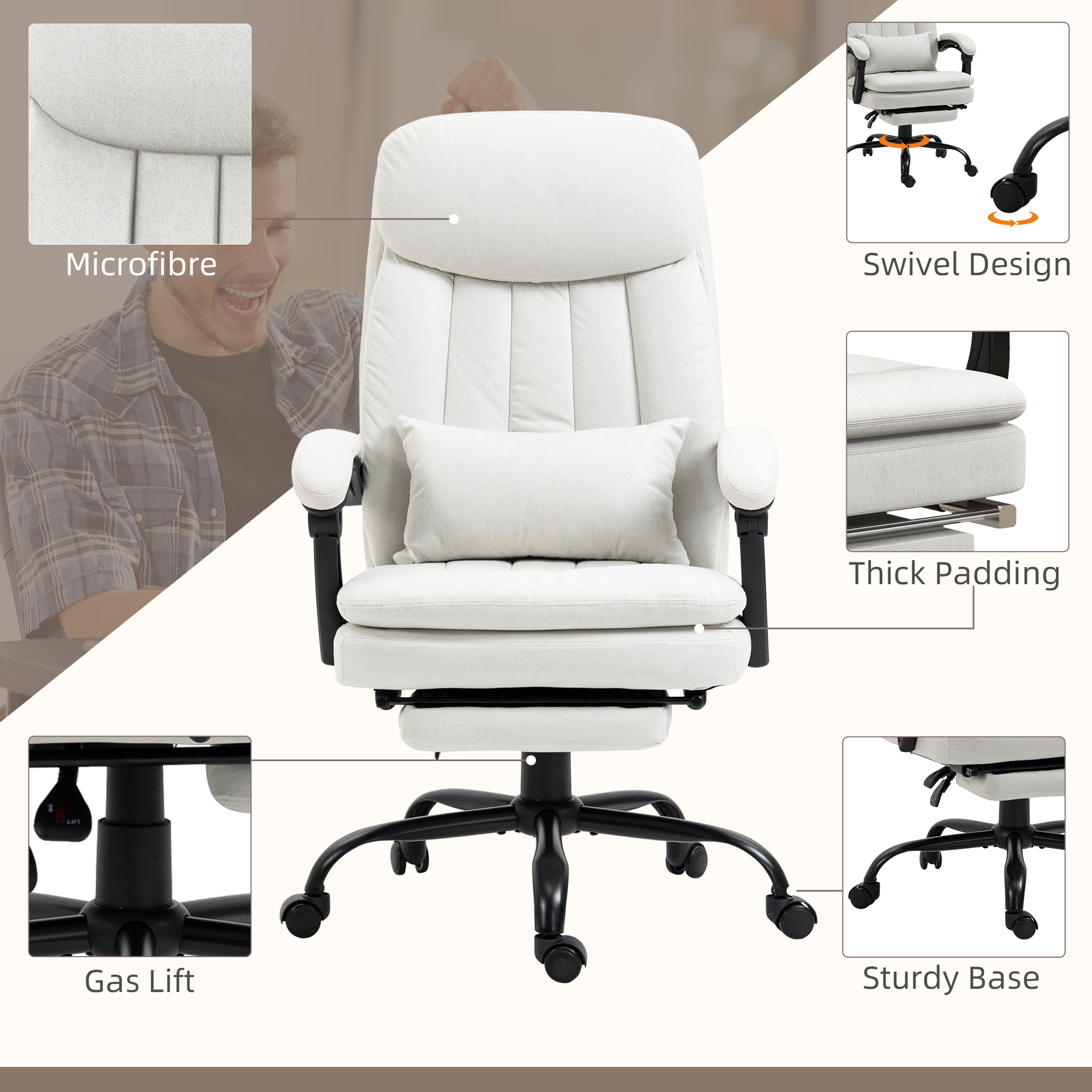 Vinsetto Office Chair, Ergonomic Desk Chair with 6-Point Vibration Massage and Lumbar Heating, Computer Chair with Lumbar Support Pillow, 155° Reclining Back and Footrest, Cream White 7