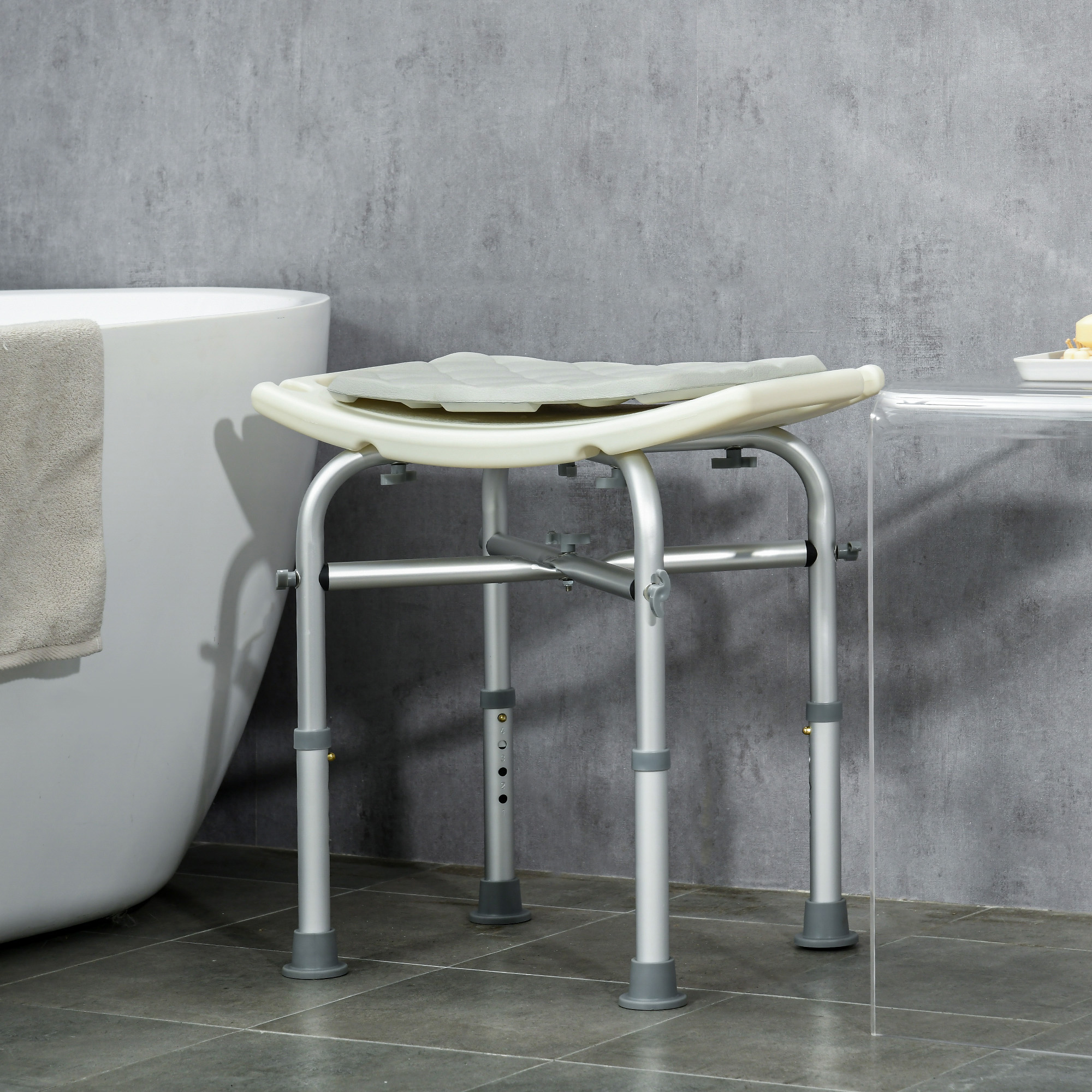 HOMCOM Aluminium Shower Stool for Elderly, Height Adjustable Shower Seat with Removable Padded Cushion, Shower Head Holder, Non-Slip Bath Stool for Seniors, Disabled, Pregnant, White 2