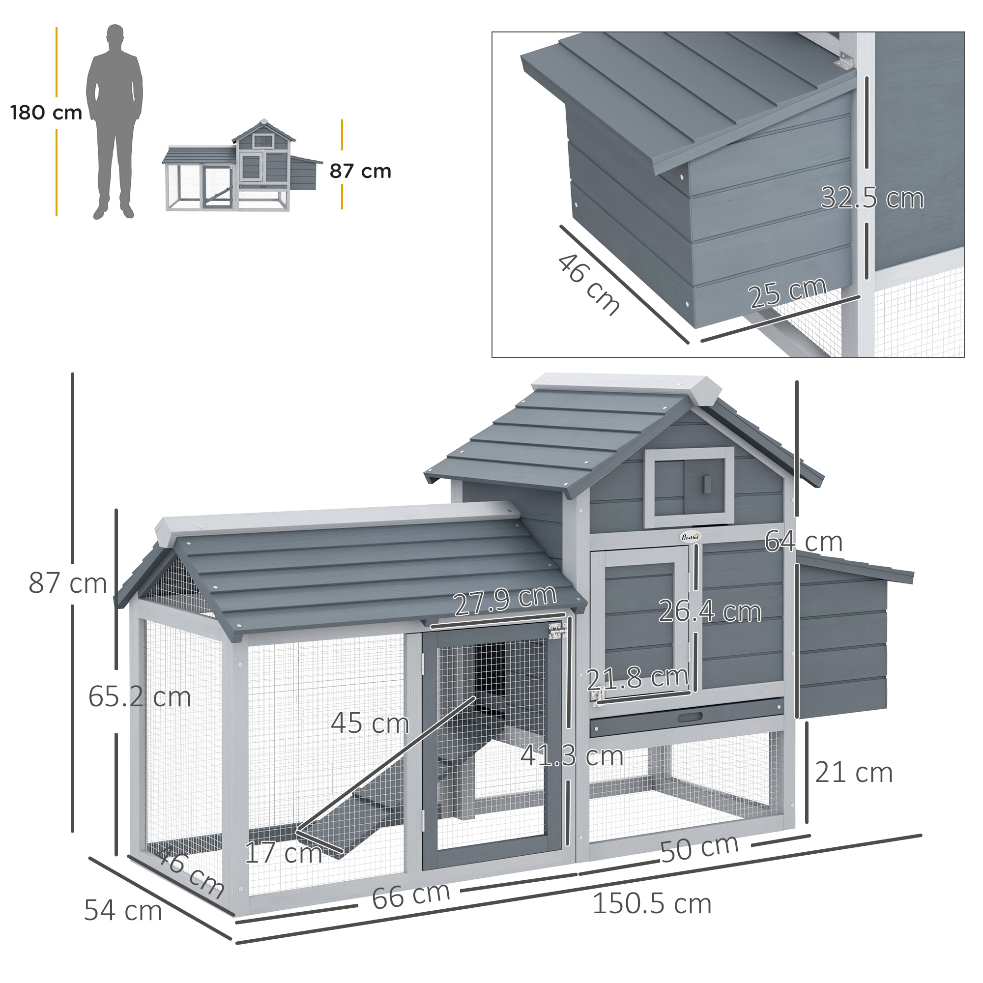 PawHut Small Chicken Coop with Run Hen House Poultry Coops Cages Nesting Box Grey 150.5 x 54 x 87cm 3