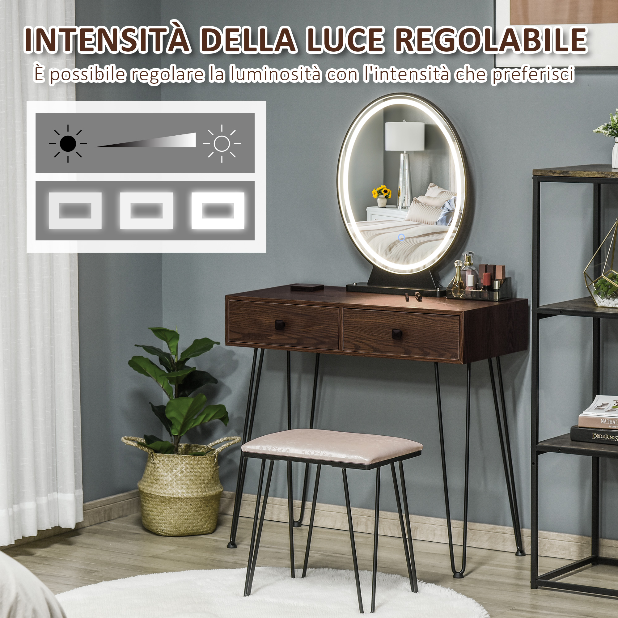 Tavolo Da Trucco HOMCOM Con Specchio LED Ribaltabile E 3 Cassetti – Scrivania Moderna In Noce Con Struttura In Pino, 100x40x87 Cm, Per Camera Da Letto E Studio
