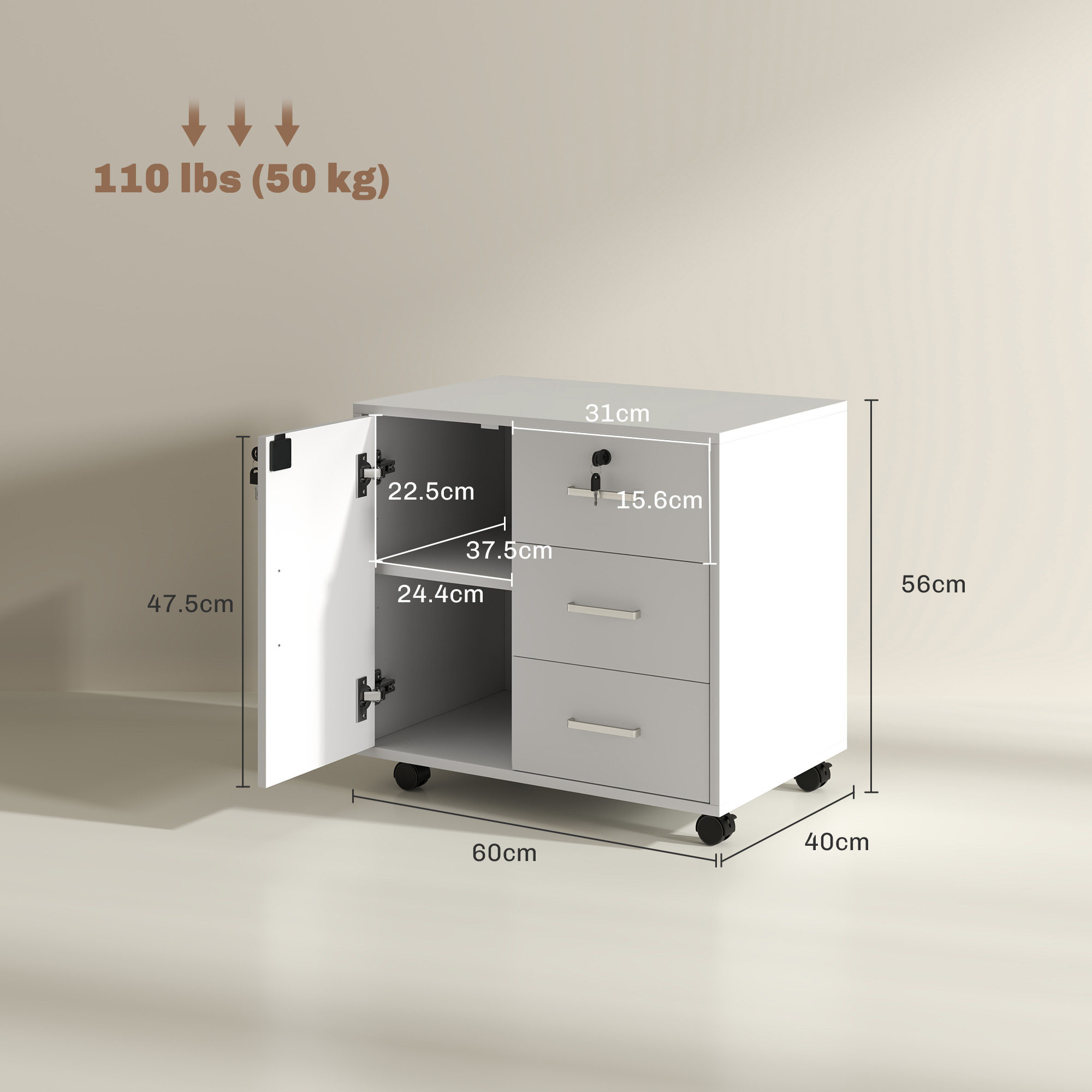 YITAHOME Cassettiera Ufficio con 3 Cassetti, Metallo Schedario da Ufficio con Ruote per Formato