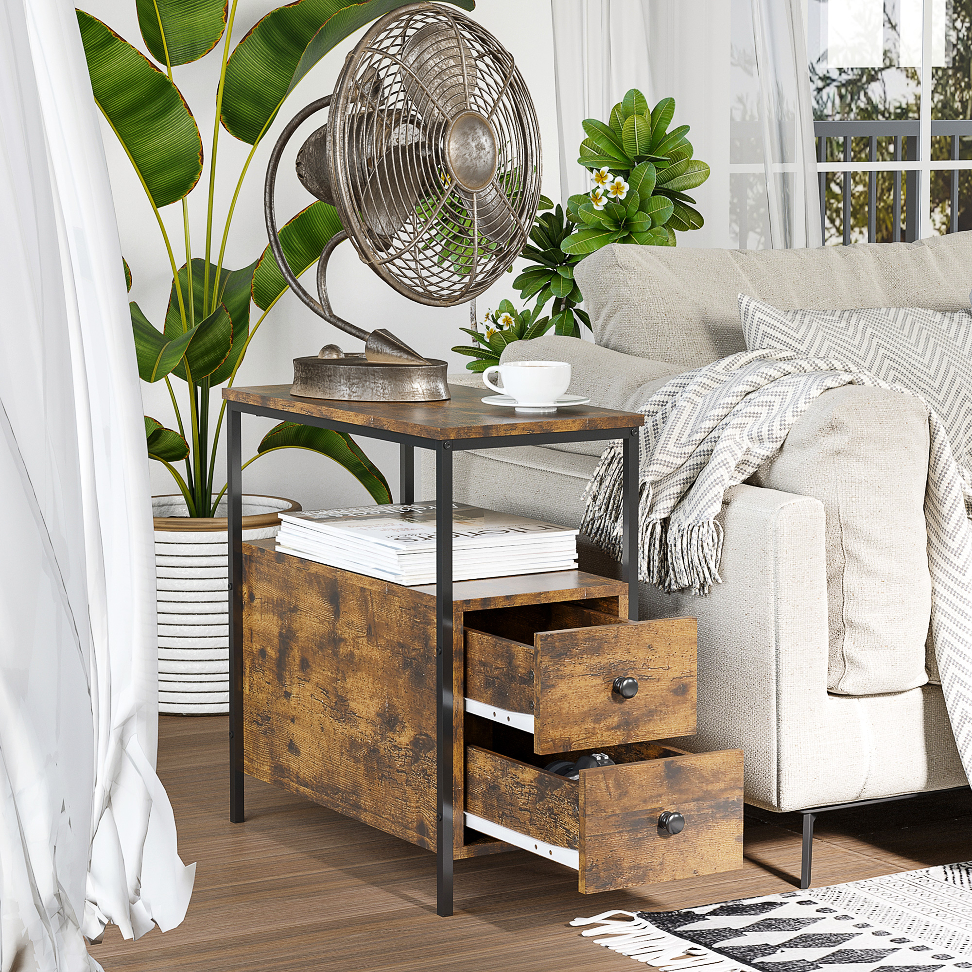 HOMCOM Set of 2 Side Table, Narrow Bedside Table with 2 Drawers and Storage Shelf, Industrial End Table with Metal Frame for Small Spaces, Rustic Brown 7